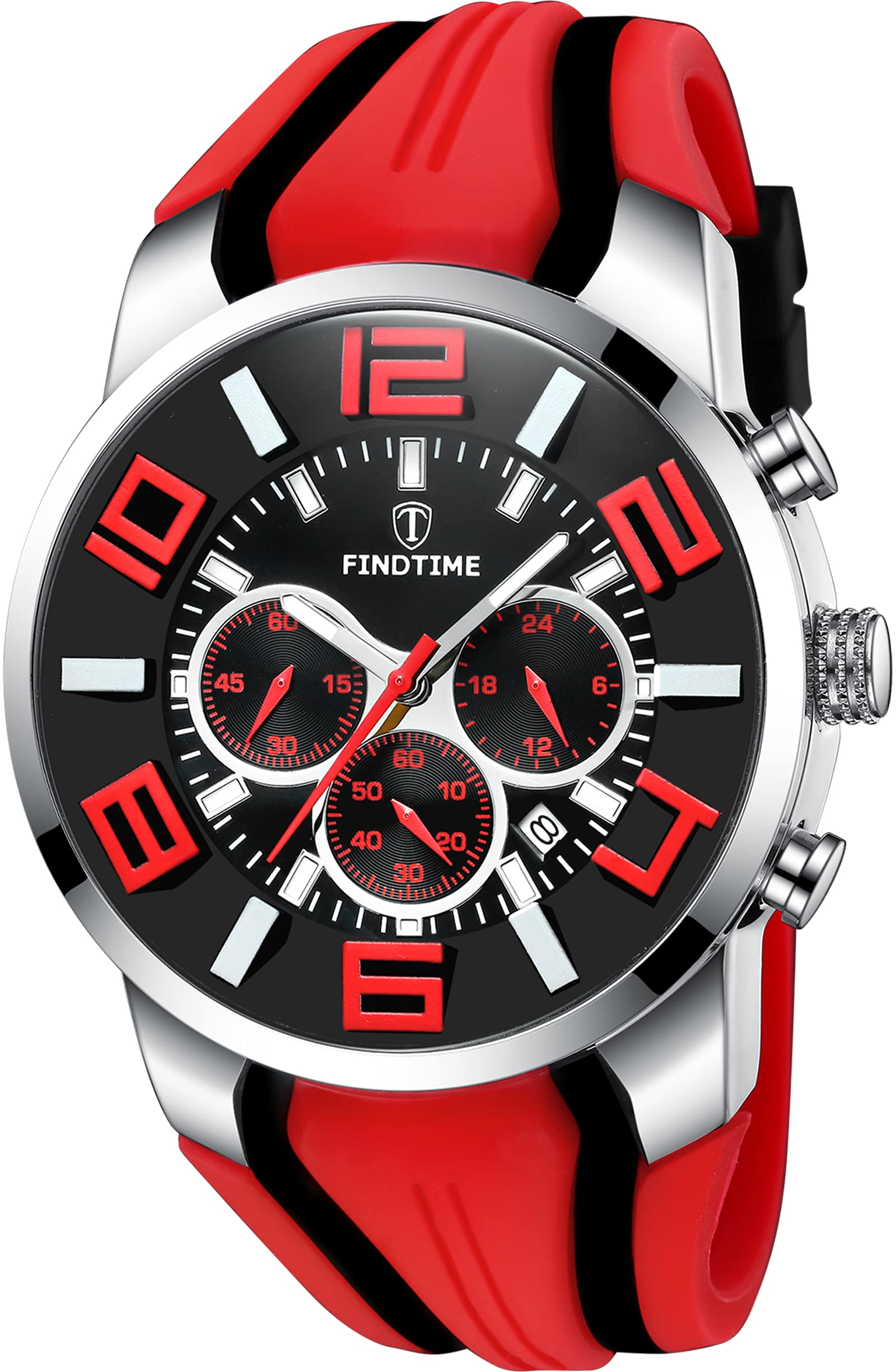 findtime Orologio sportivo da uomo, cronografo militare, analogico, al quarzo, in silicone, per uomini, ragazzi, numeri grandi, data, timer da uomo, colore rosso