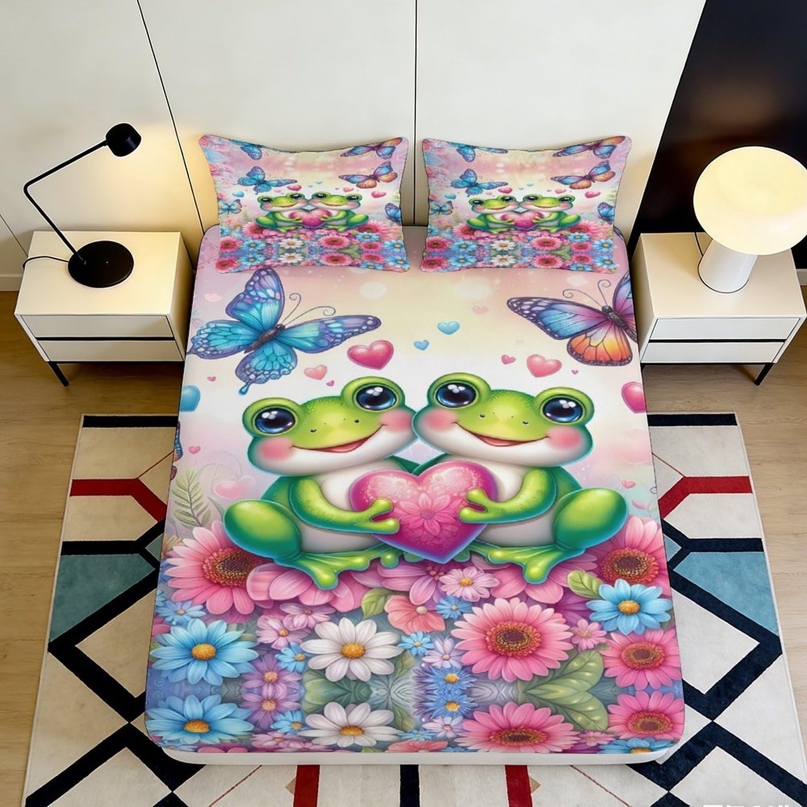 3D Printed Cute Frog Butterfly Fitted Sheet Microfiber Bright Colorful Floral Mattress Cover for Bedroom Dorm Guest Room Decor 90x200x25cm