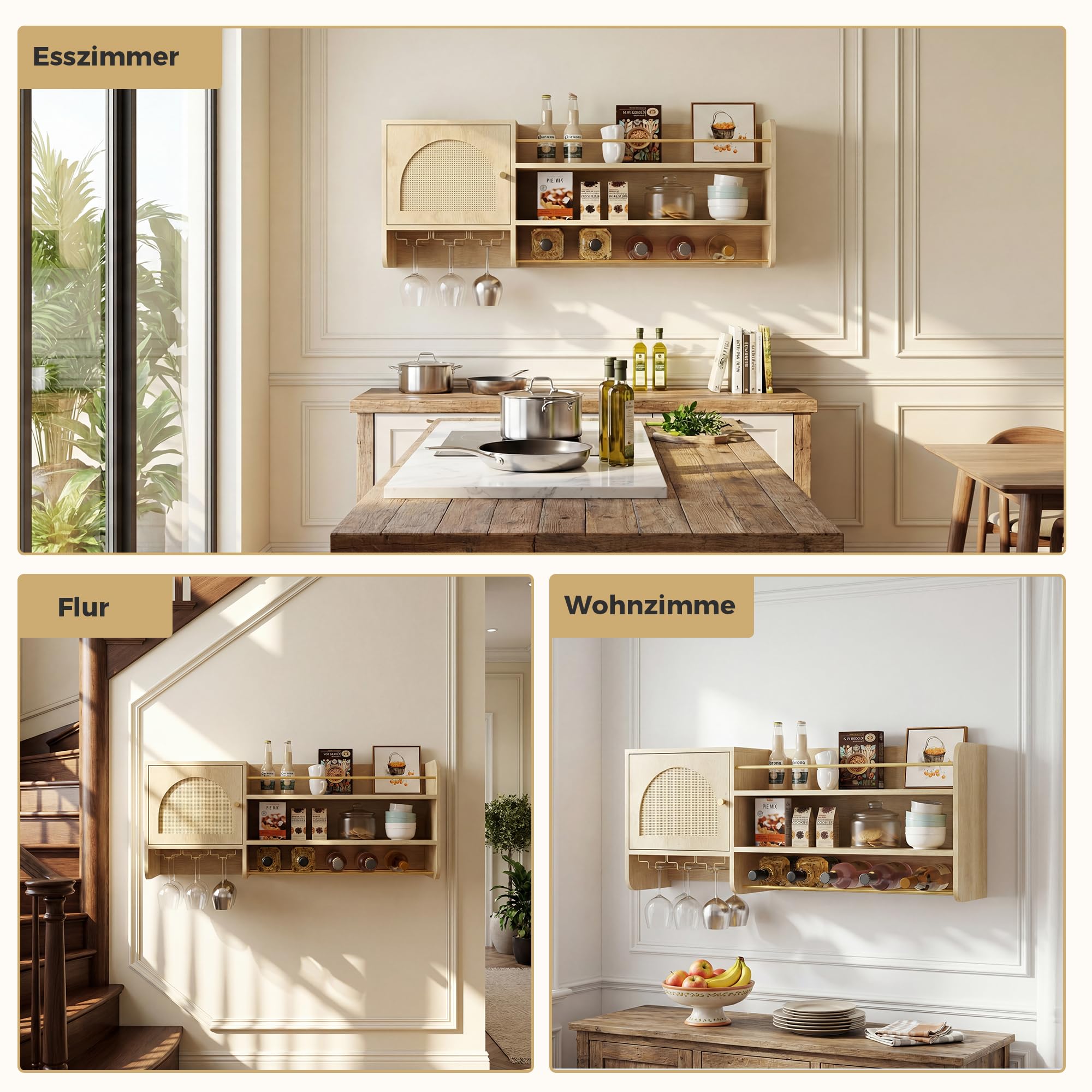 BonVache Weinschrank, mit verstellbaren Weinregalen und Glasablagen, Getränkelagerung, Küchen-Weinregal, geeignet für Esszimmer und Wohnzimmer, in Naturholzoptik