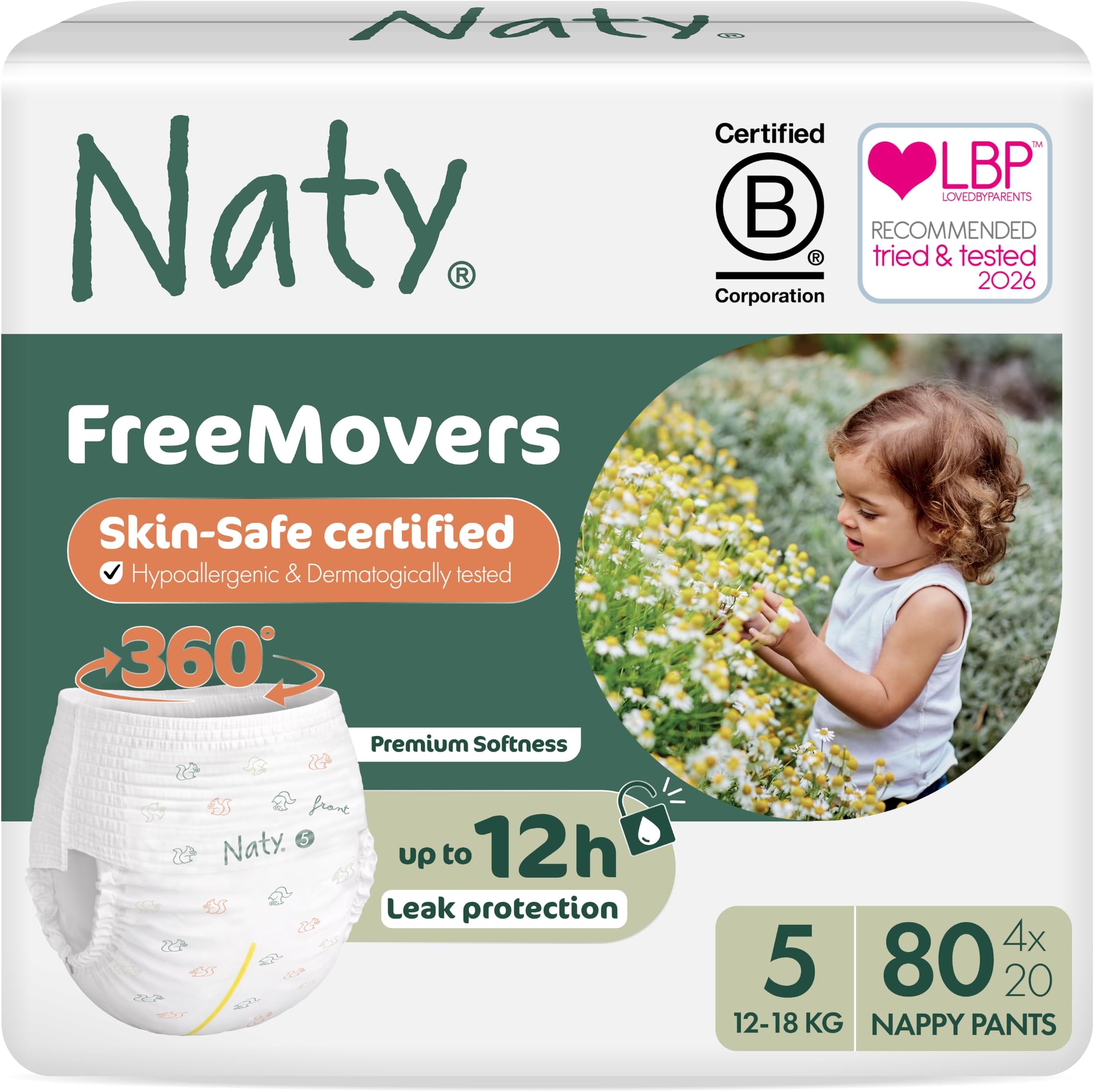FreeMovers Nappy Pants, Size 5, (12–18 kg), 80 Count | For Sensitive Skin, Hypoallergenic Potty Training Pants, Up to 12 Hours Leak Protection, Fragrance-Free, Stretchy comfort