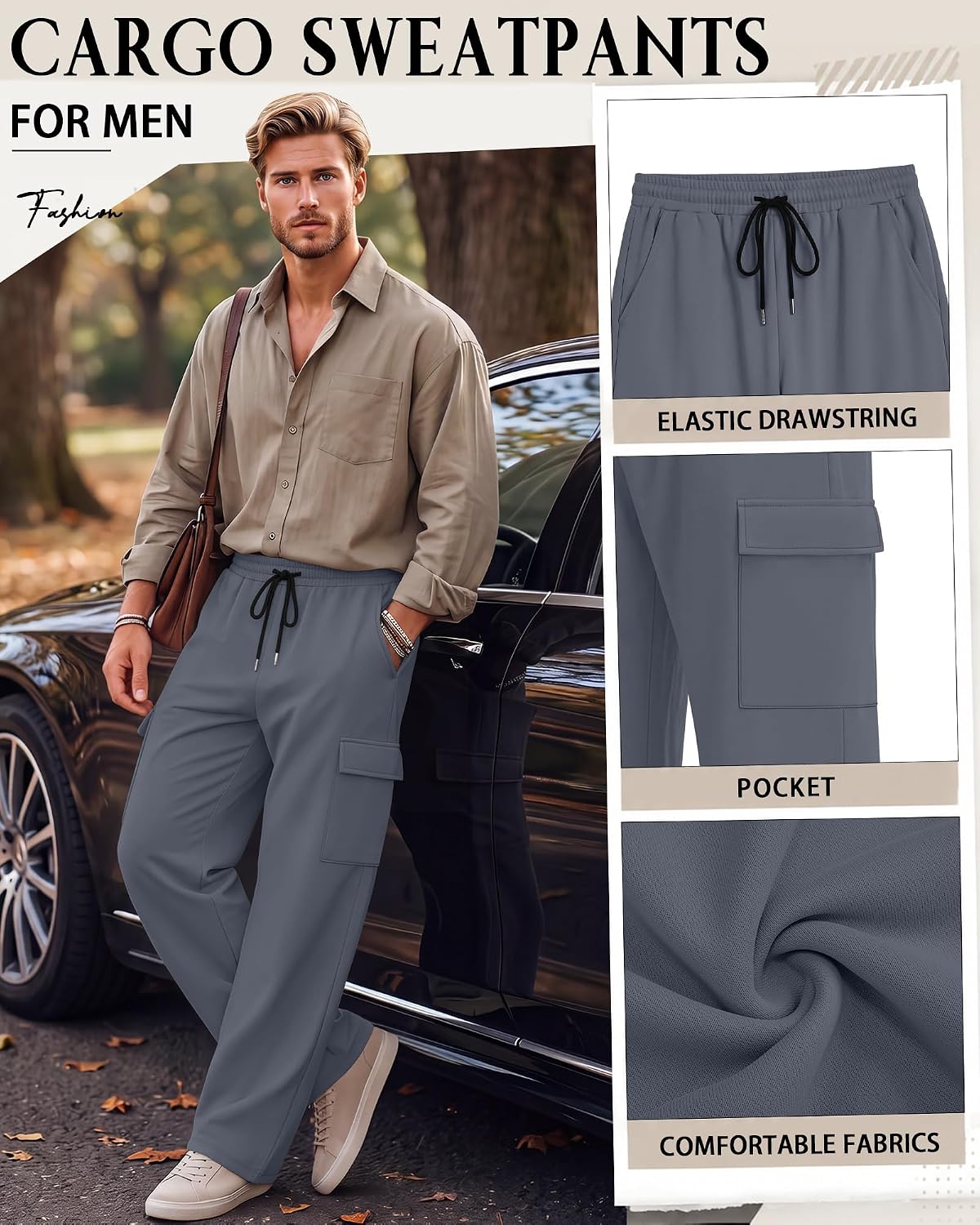 Neer 3 Pack Men Cargo Sweatpants Baggy Pants with Multi Pockets