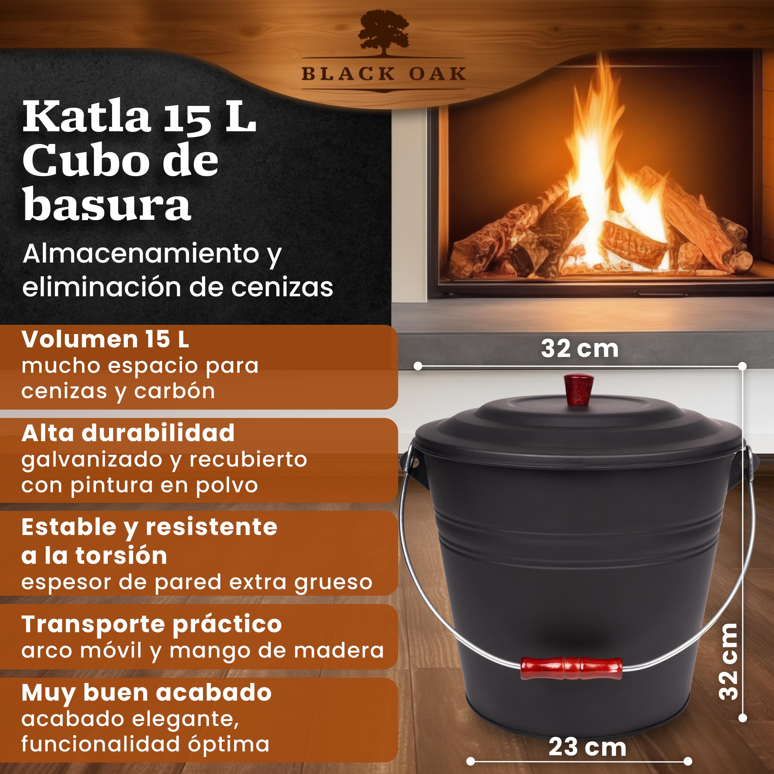 BLACK OAK KATLA - Cubo de cenizas (15 L, tapa negra con botón de madera, grande, 15 L, acero galvanizado, recubrimiento en polvo, cenizas y carbón, accesorio ideal para chimenea, estufa de azulejos,