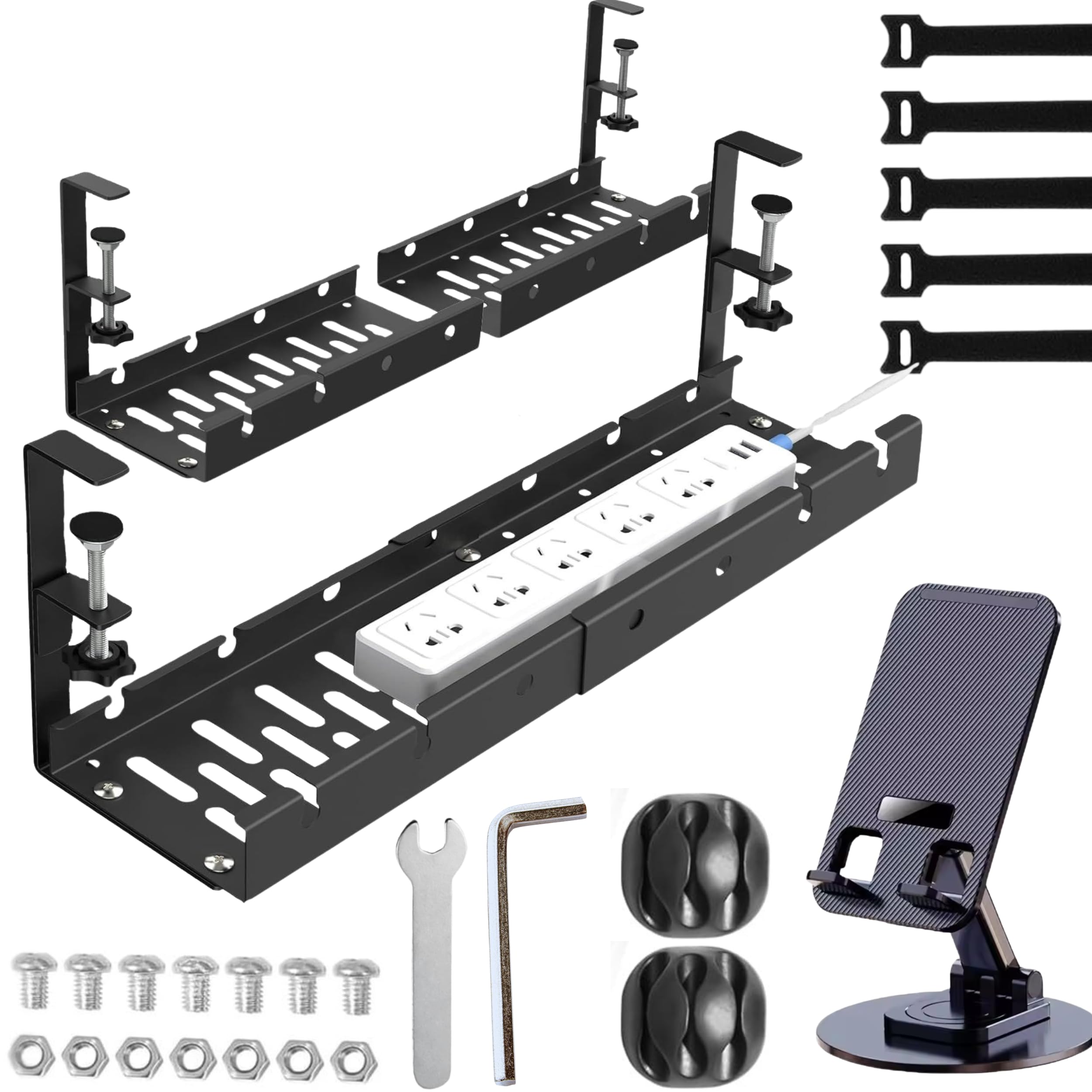 Joomouney Under Desk Cable Organizer Rack, Retractable 28.5-55 cm Adjustable Metal Tray, Adjustable Under Desk Cable Organizer Holder for Power Extention, Power Cord, Network Cable (Black EXTENDABLE)-image-32