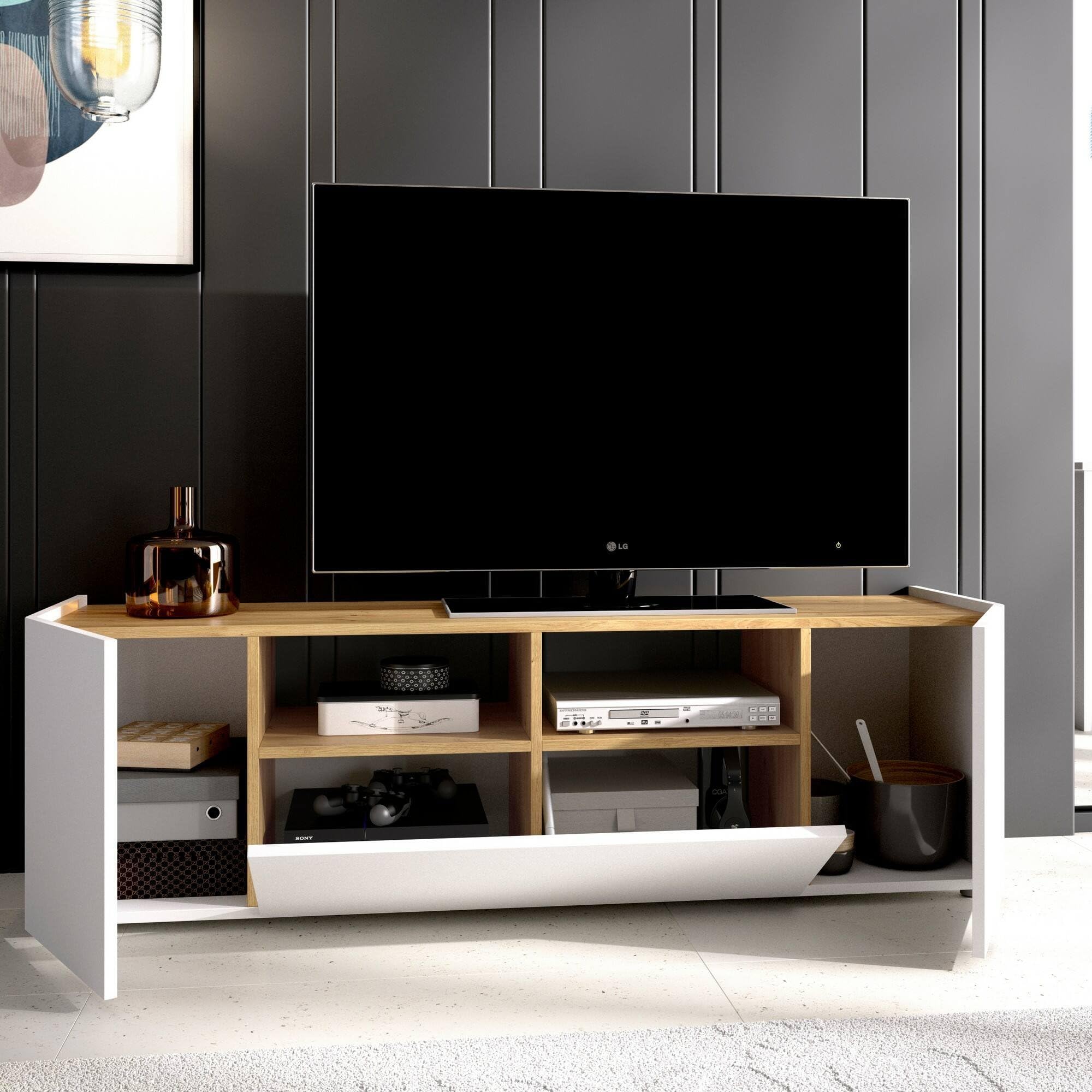 Dmora - Mobile porta TV Etna, Credenza bassa da soggiorno, Madia da salotto per televisione, 142x35h44 cm, Bianco e Rovere Nodi