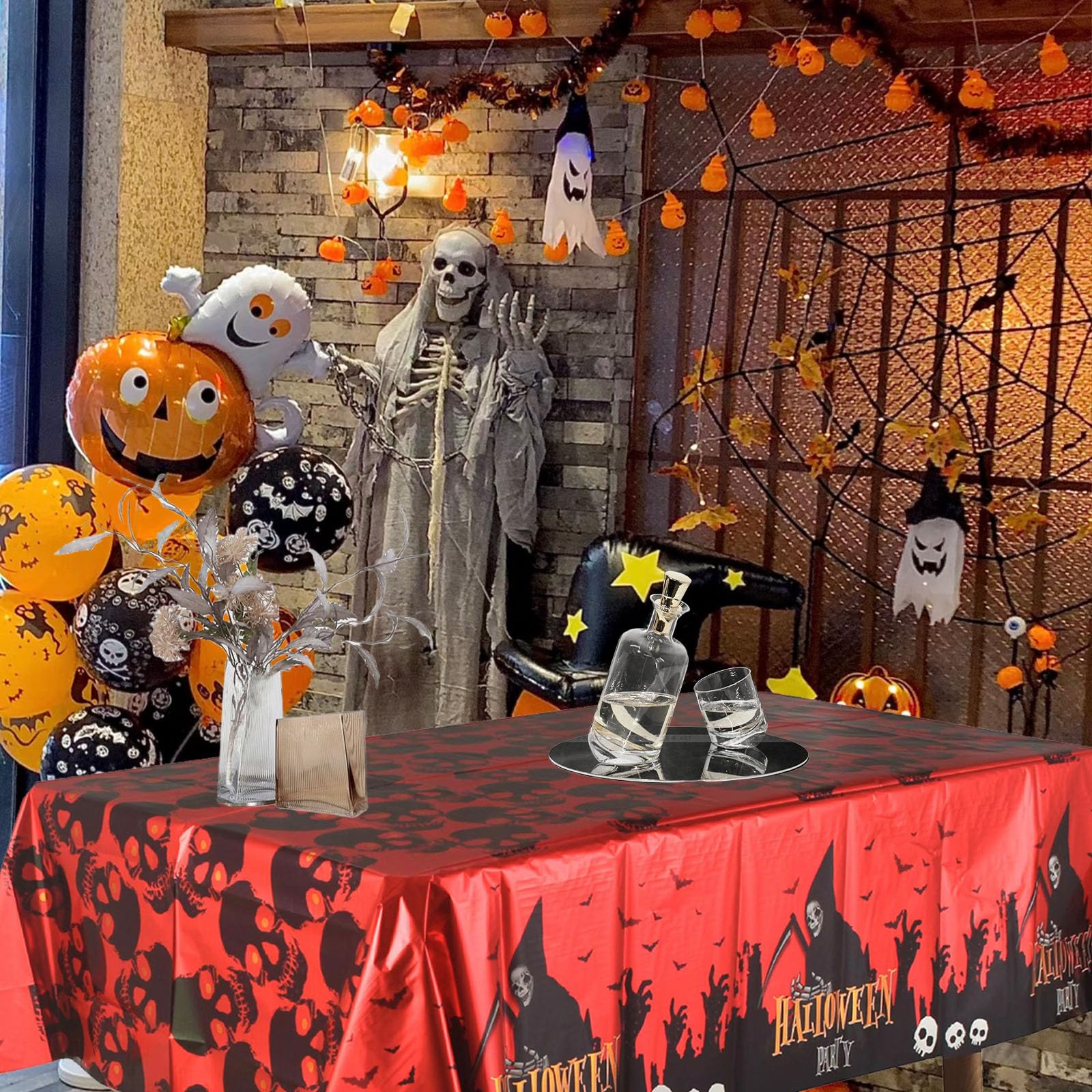 AMSNINK Halloween Tischläufer Aus Schwarzem Gaze-Tüll Mit Silbernen Geistern – 70x300 Cm Für Gruselige Partydeko
