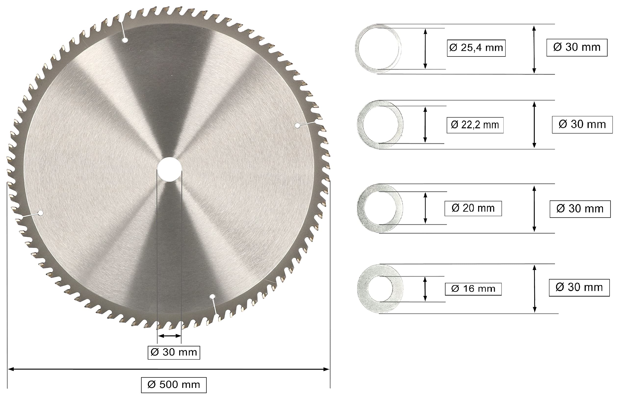 KOTARBAU® Disco de corte para madera, 80 dientes, Ø 500 mm, Disco de cierra circular, Hoja de sierra, Discos de corte, Hojas de sierra de acero duro, Incluye 4 anillos de reducción
