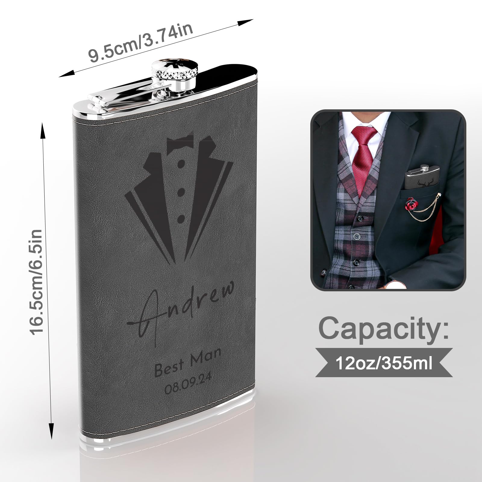 Fiaschetta in acciaio inox, 200 ml, colore argento, con incisione personalizzata, colore nero, regalo personalizzato per compleanno, Natale, festa del papà, testimoni, 5 righe (nero