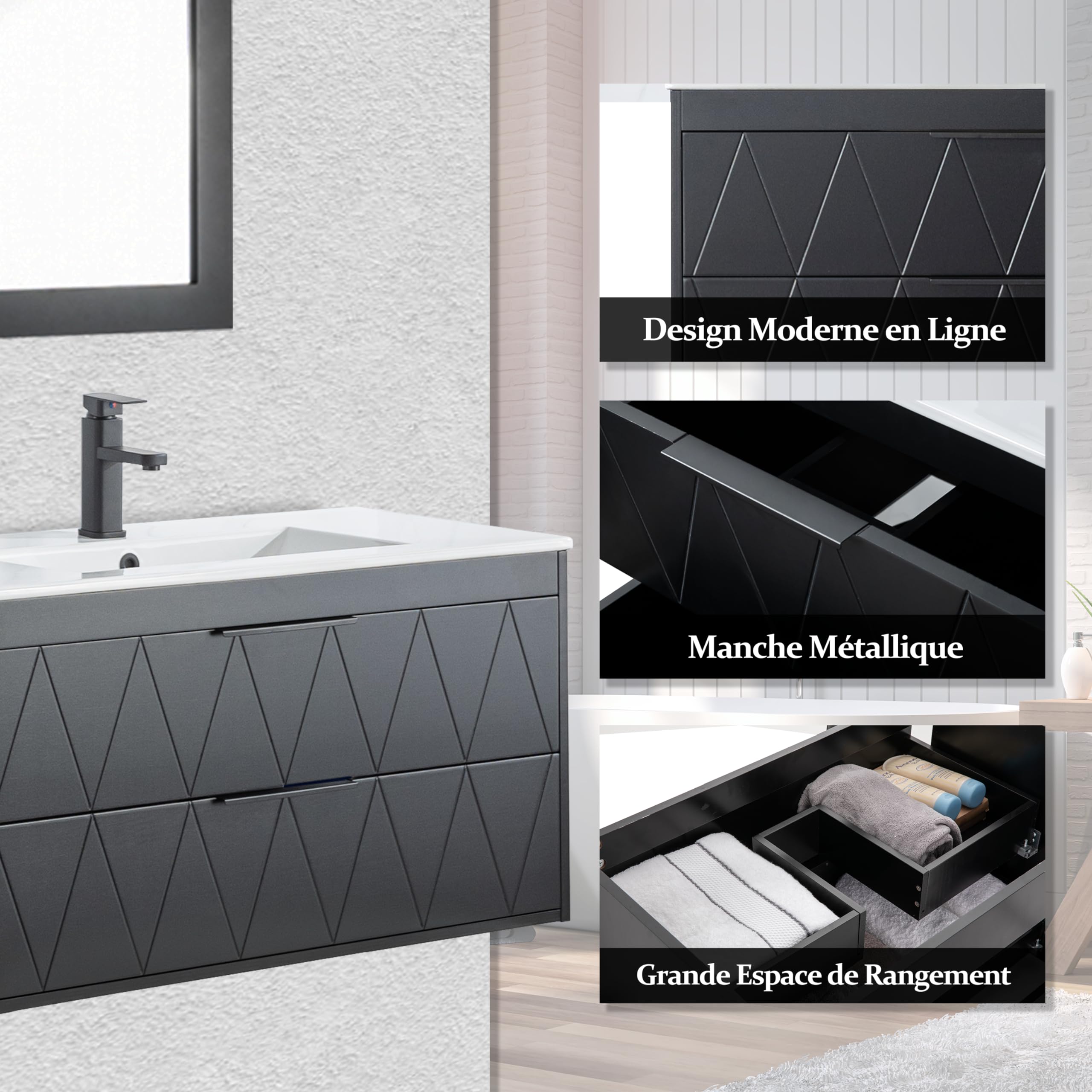 UEV Meuble sous Lavabo Suspendu 90cm, avec 2 Grands Tiroirs, Meuble Salle de Bain, Motif Ligne, Style Scandinave, Noir (Lavabo Non Inclus)
