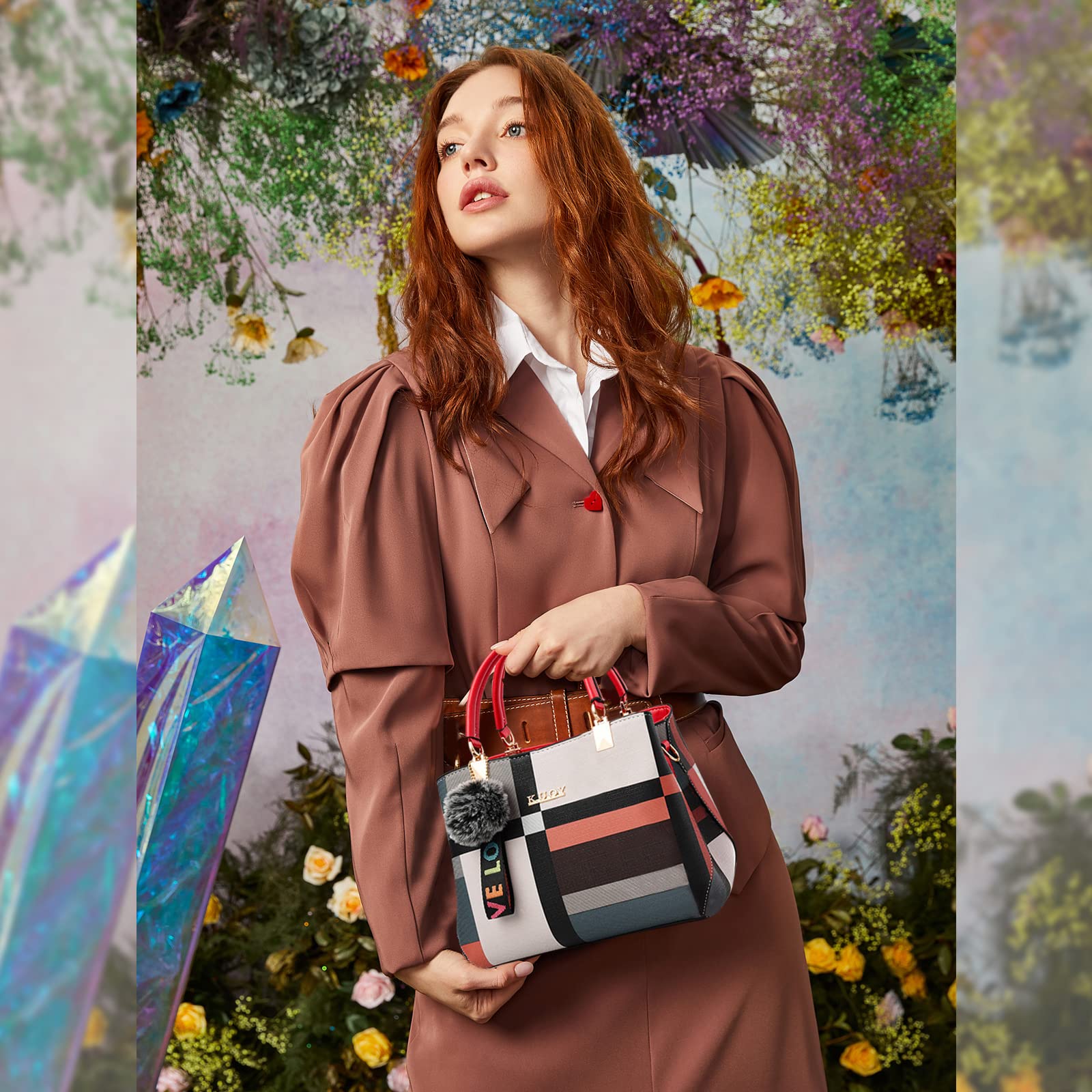 Ergocar Womens Handbags, Fashion Ladies Handbag, Shoulder Bags With Adjustable Shoulder Strap and Multiple Interior Pockets, PU Leather Handbag with Pompom, Elegant Handle Bag for Leisure and Work