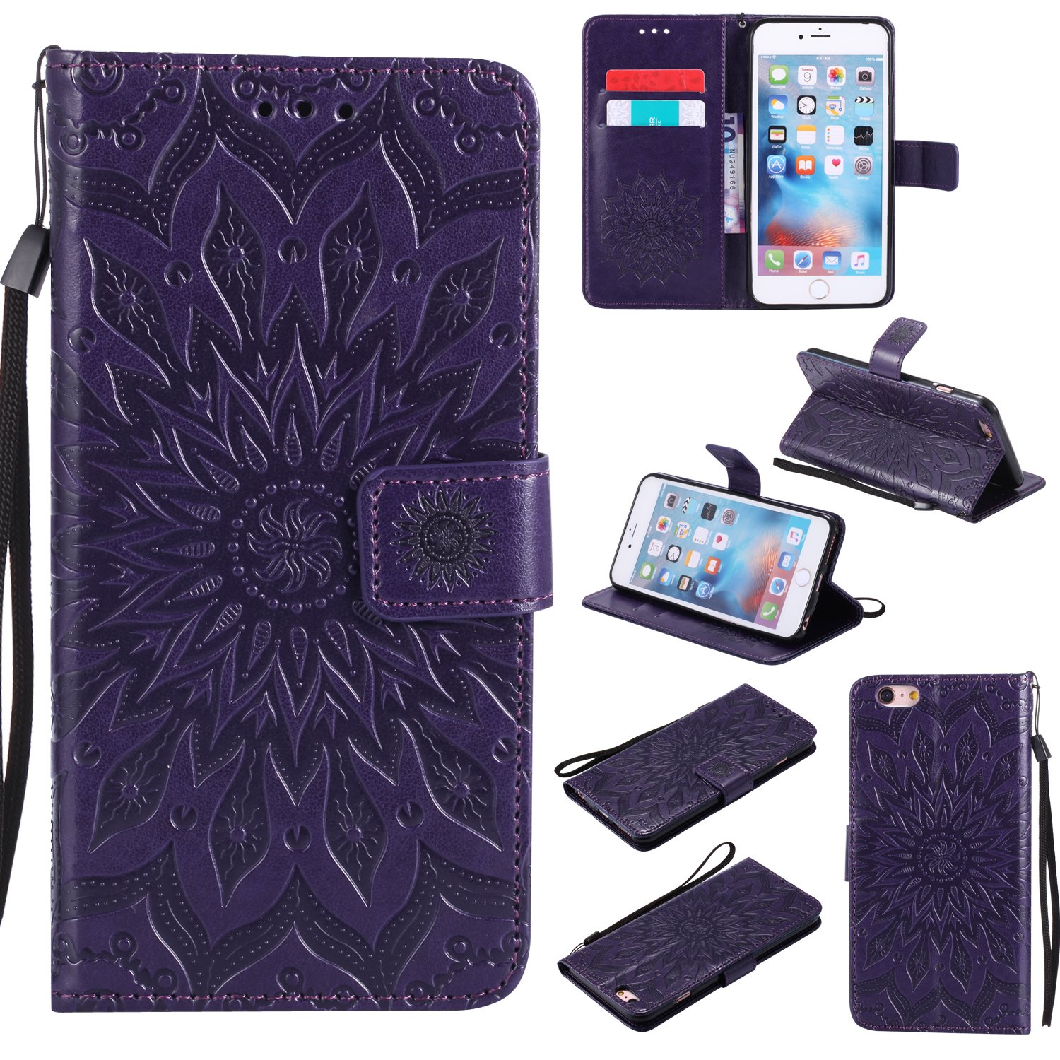 (iPhone 7 [12cm ], Purple) - iPhone 7 Wallet Case,A-slim(TM) Sun Pattern Embossed PU Leather Magnetic Flip Cover Card Holders & Hand Strap Wallet Purse Case for iPhone 7 [12cm ] - Purple