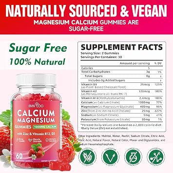 Calcium Gummies 1000mg with Vitamin D3 K2 & B Complex, Potassium, Calcium Magnesium Zinc Gummies for Bone, Muscle, Mood and Immunity - Vegan, Strawberry Flavor 120 Count