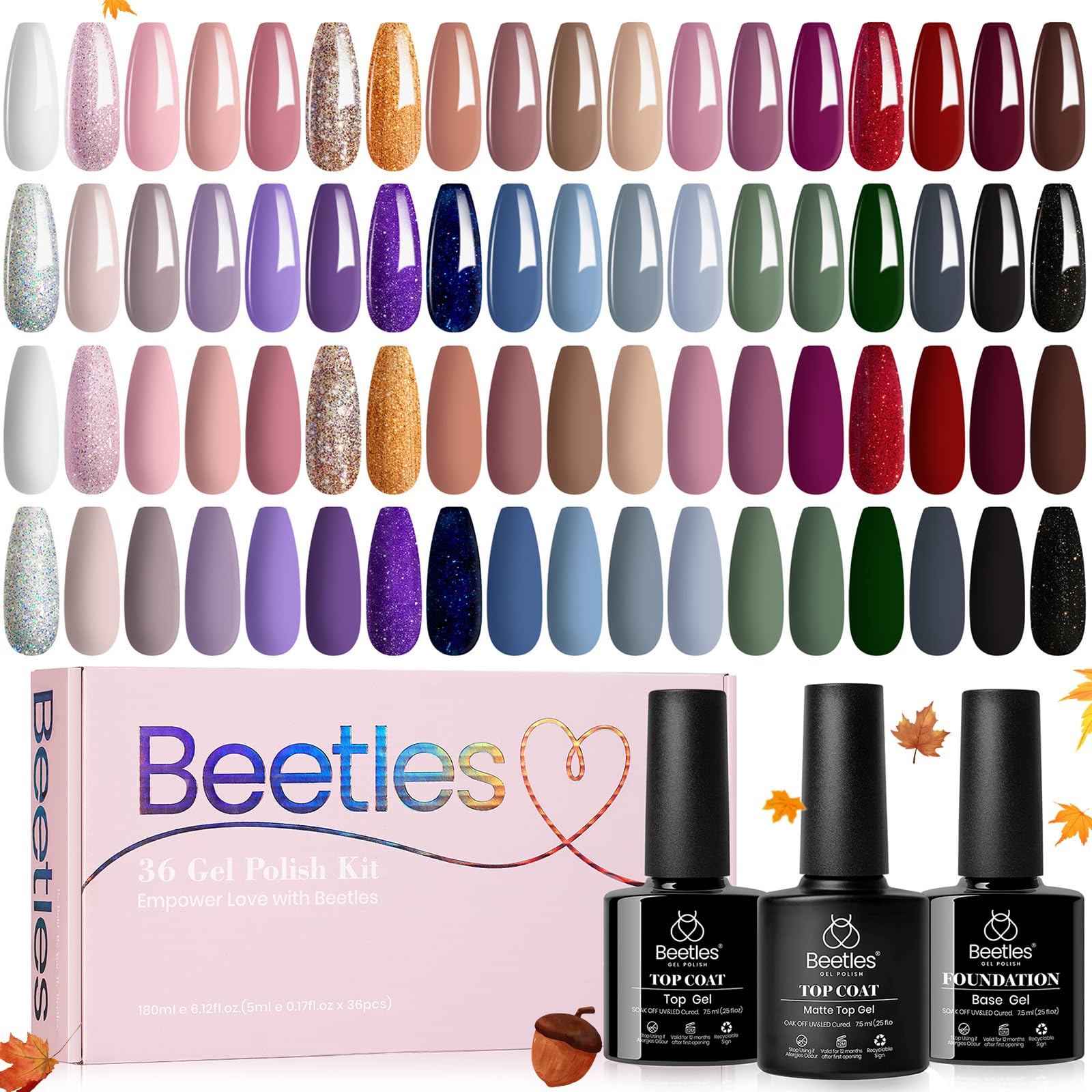 beetles Gel Polish Nail Kit 36 Colors with Base Glossy & Matte Top Coat Popular Colors Set Pink Red Green Black All Seasons Solid Sparkle Glitters Colors Gift for Women