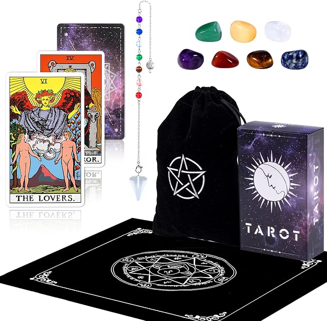 Joyoldelf Tarot Cards, Classic Tarot Cards and Book for Beginners Set, with Tarot 1 Box, Octopus Tablecloth, Card Bundle Pocket, 7 Gems, Rose Quartz 7 Bead Chain, 78pcs Standard with Tarot Bag