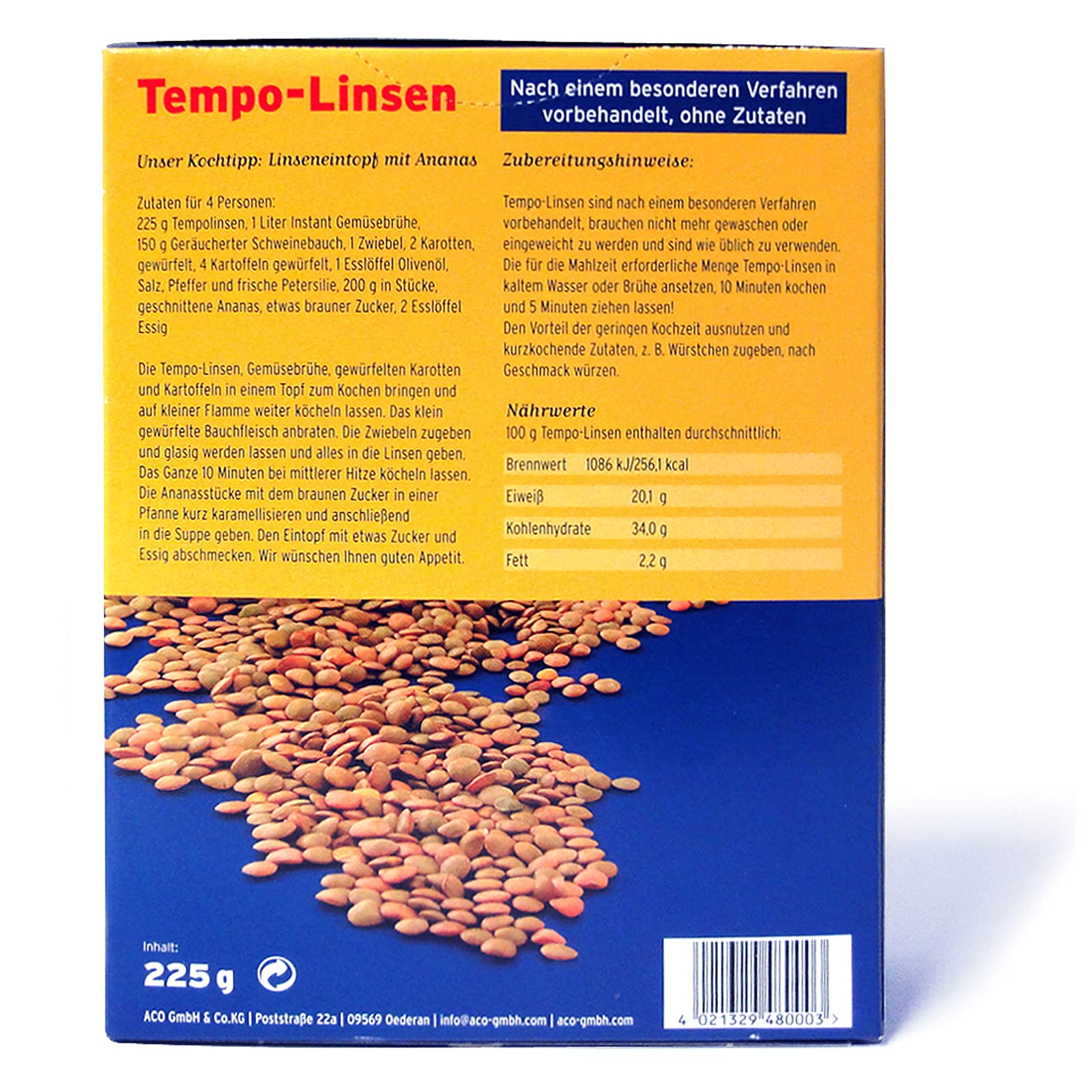 10er SparpackTempo Linsen, (10 x 225 g) für je 4-5 Portionen, schnell und einfach zuzubereiten Linsengericht Linseneintopf