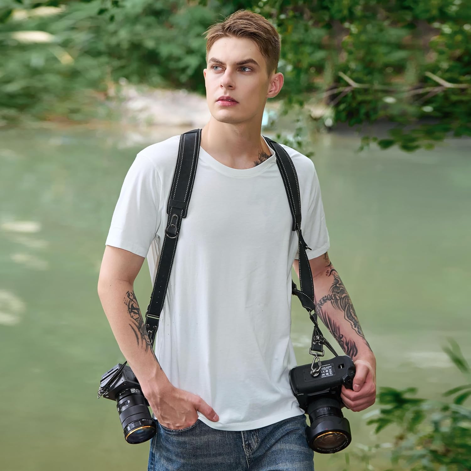 Padwa Lifestyle Black Frosted Dual Camera Harness Strap with Padded for Two Cameras -Full Grain Leather Dual Camera Harness,Multi Camera Gear for DSLR/SLR Strap,Double Camera Harness for Photographers - Image 2