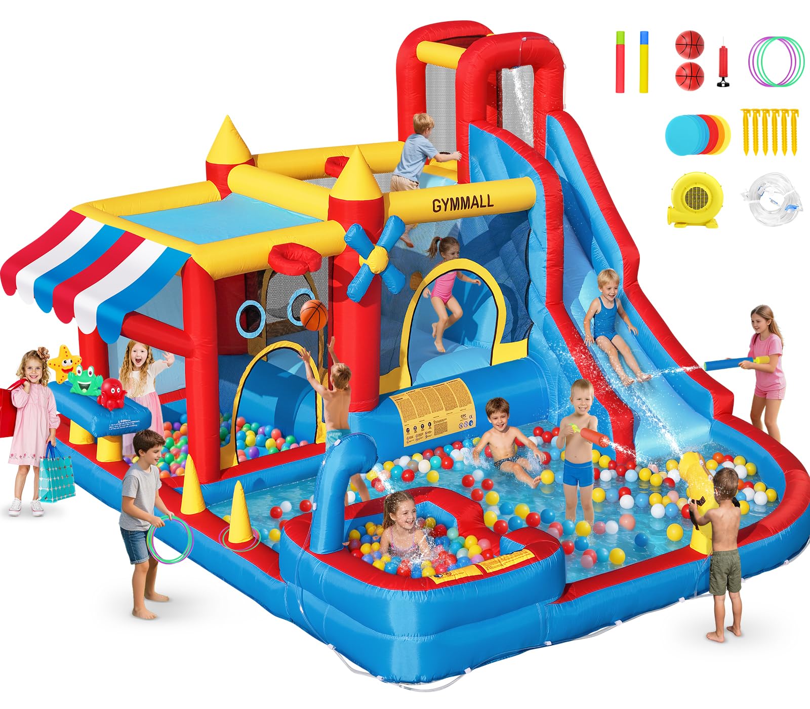 Castello Gonfiabile 10-in-1 Bambini – Supermercato Simulato, Scivolo d'Acqua, Piscinetta, Scivolo Lungo, Trampolino, Ventilatore 550W – Perfetto per Compleanni, Feste, Vacanze