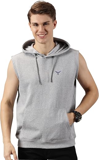 LEON Men’s Sleeveless Cotton Hoodie | Pullover Gym Tank with Pocket | Workout Muscle Fit Sweatshirt for Casual &amp; Fitness Wear