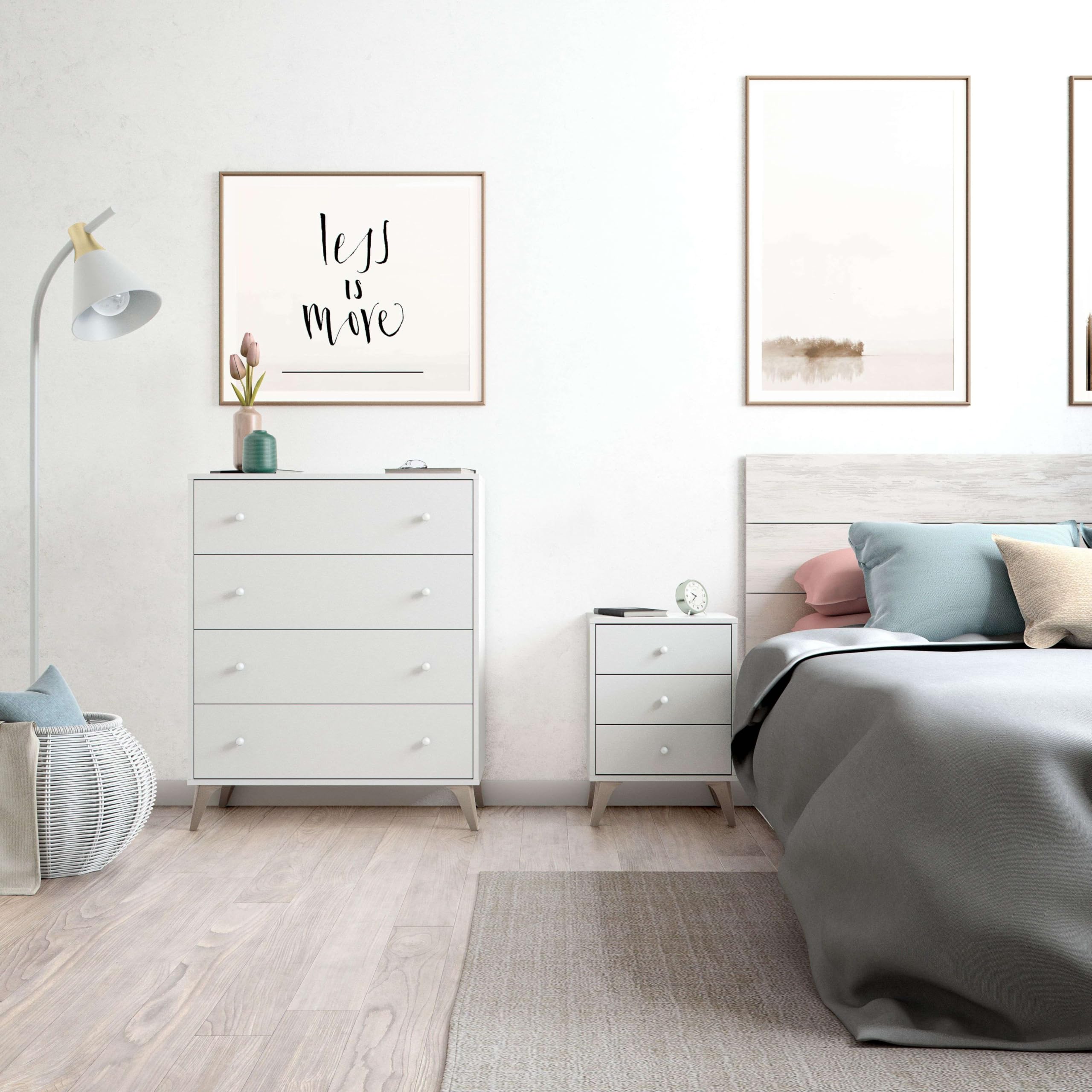 Habitdesign – Mesita de Noche con 3 Cajones y Patas, Color Blanco Artik, 56x40x33,5 cm – Modelo Sweet