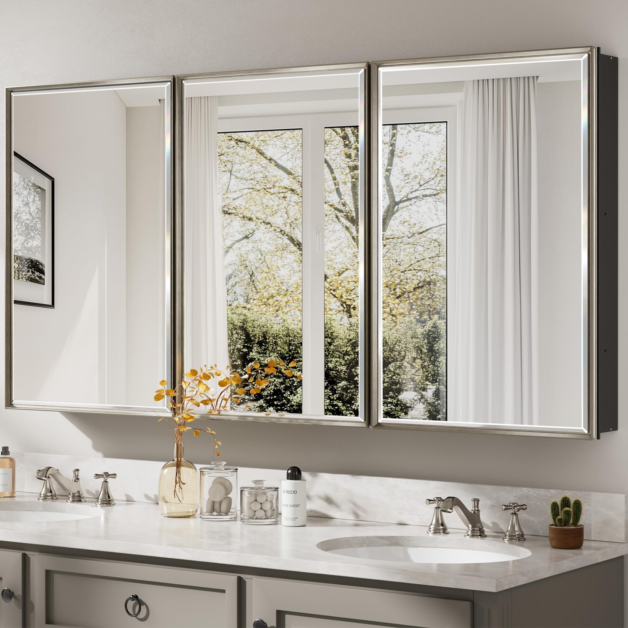 Pre-Assembled Surface or Recessed Medicine Cabinet Mirror-60x30 Brushed Nickel Bathroom Medicine Cabinet with Mirror &amp; Rustproof Aluminum Frame, Beveled Bathroom Vanity Mirror with Storage