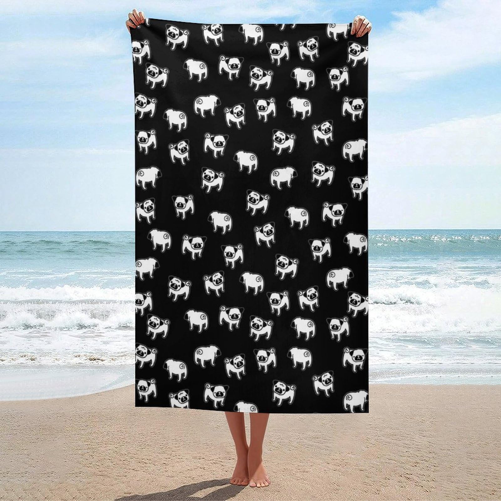 LWORZIIB Beach Towel, Pug Dog Bath Towel, Absorbent Towel for Swimming, Sports, Travel