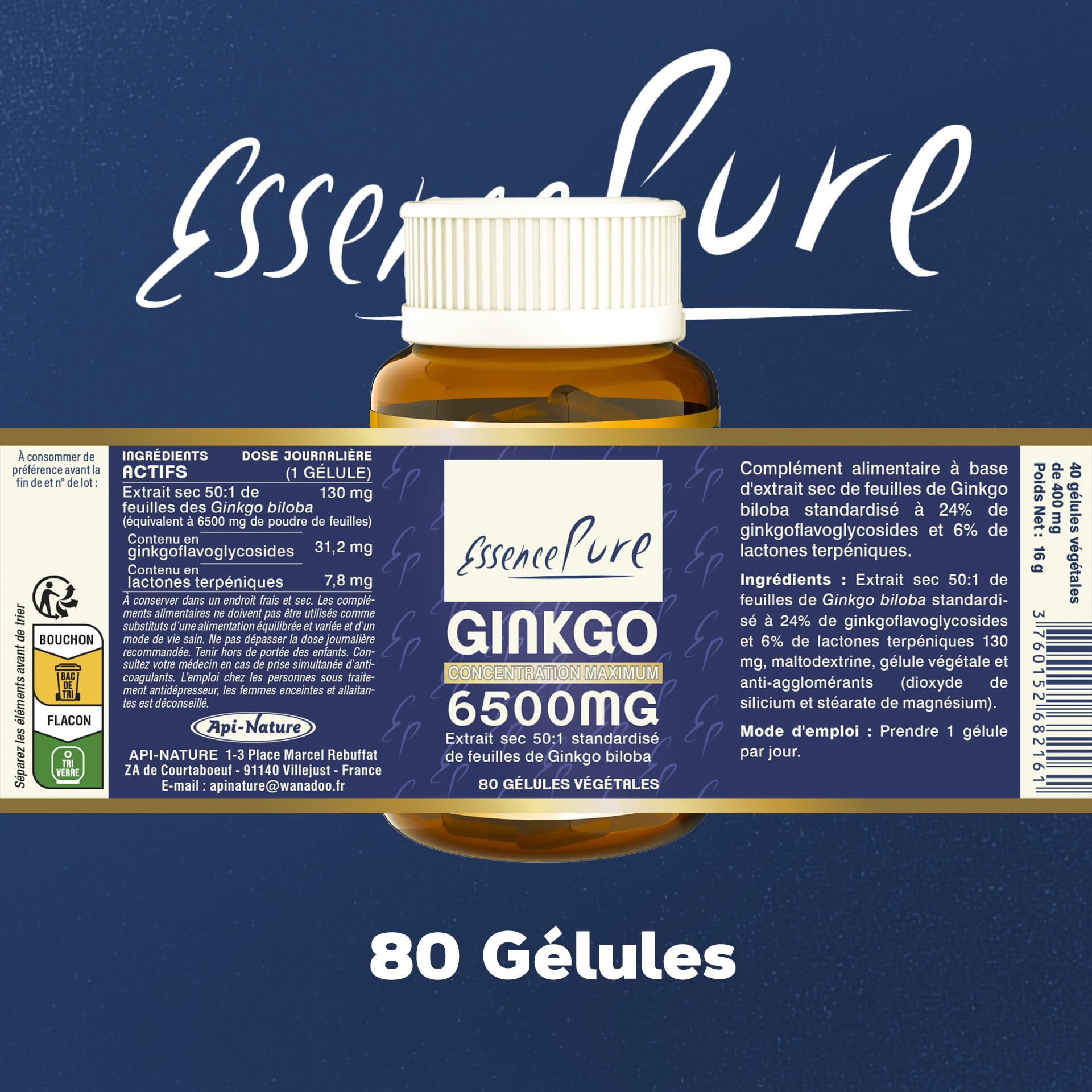 Ginkgo Biloba 6500 mg Essence Pure | Complément Alimentaire, 80 Gélules Végétales, 24% Ginkgoflavoglycosides, 6% Lactones | Soutient la Mémoire et la Circulation, Api-Nature
