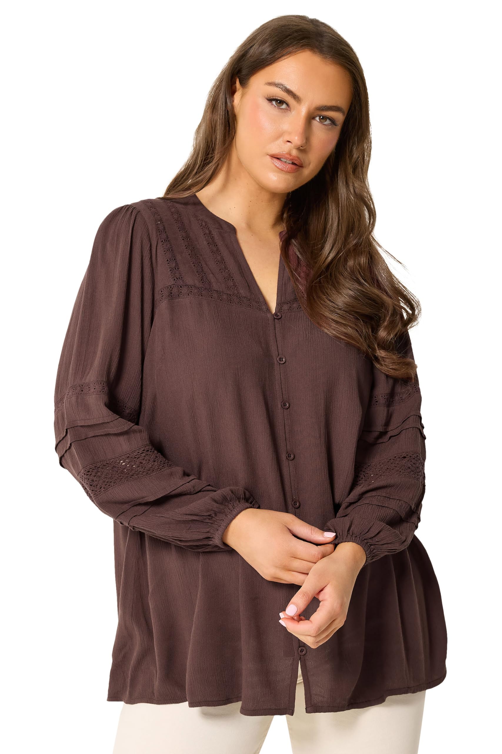 Yours Women's Chocolate Notch Neck Crochet Blouse In | : Size 18