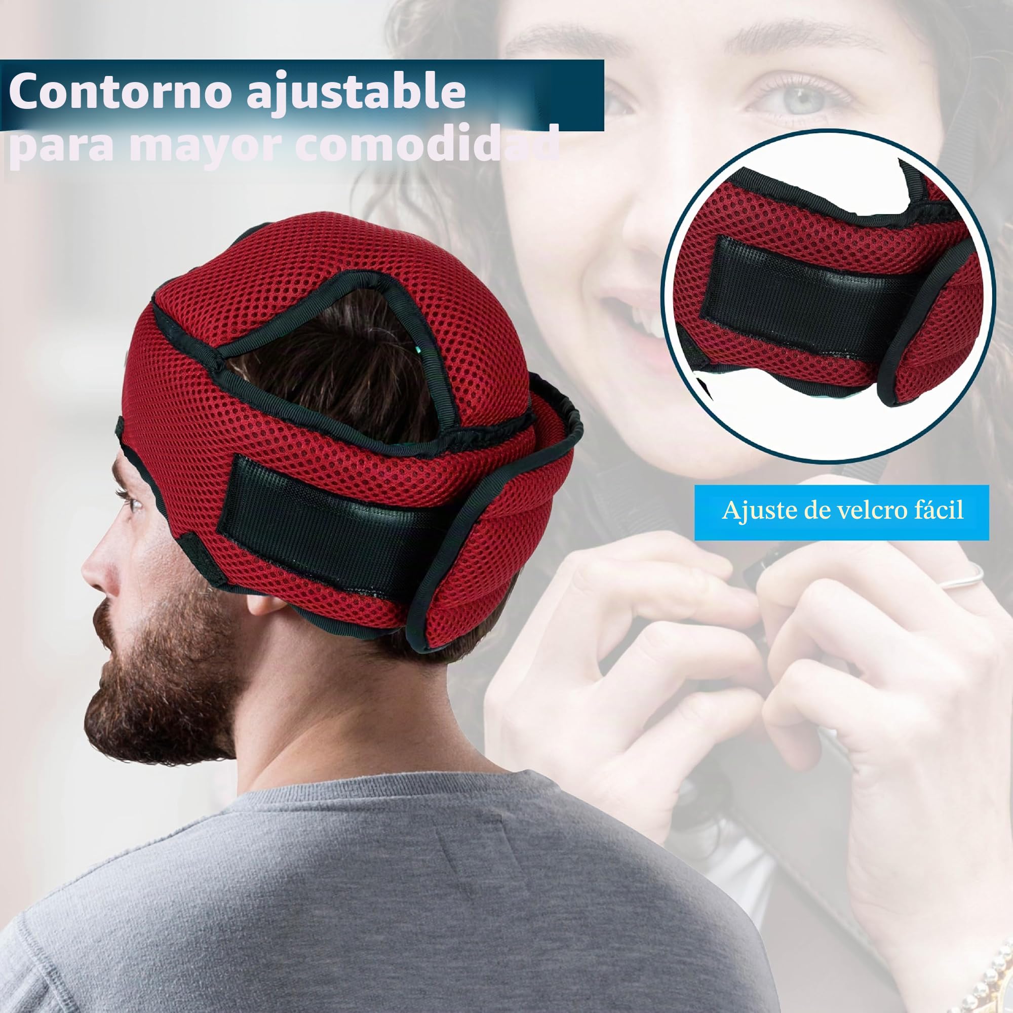 Ubio Casco de Protección Craneal Rojo Tejido Acolchador Transpirable, Protector Cabeza Personas Mayores, Epilepsia, Convulsiones, Niños, Adultos. Arnés de Mentón Ajustable 44-50cm Fabricado en España