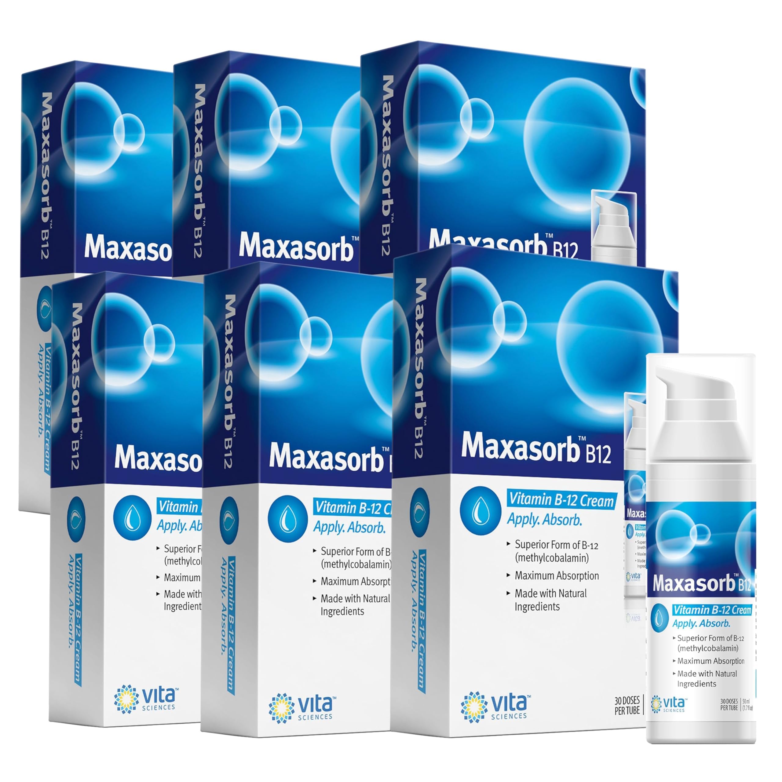 Vita Sciences Maxasorb B12 Vitamin B-12 Cream 1000 mcg: Powerful Topical Methylcobalamin for Energy, Health, and Glowing Skin - Pack of 6