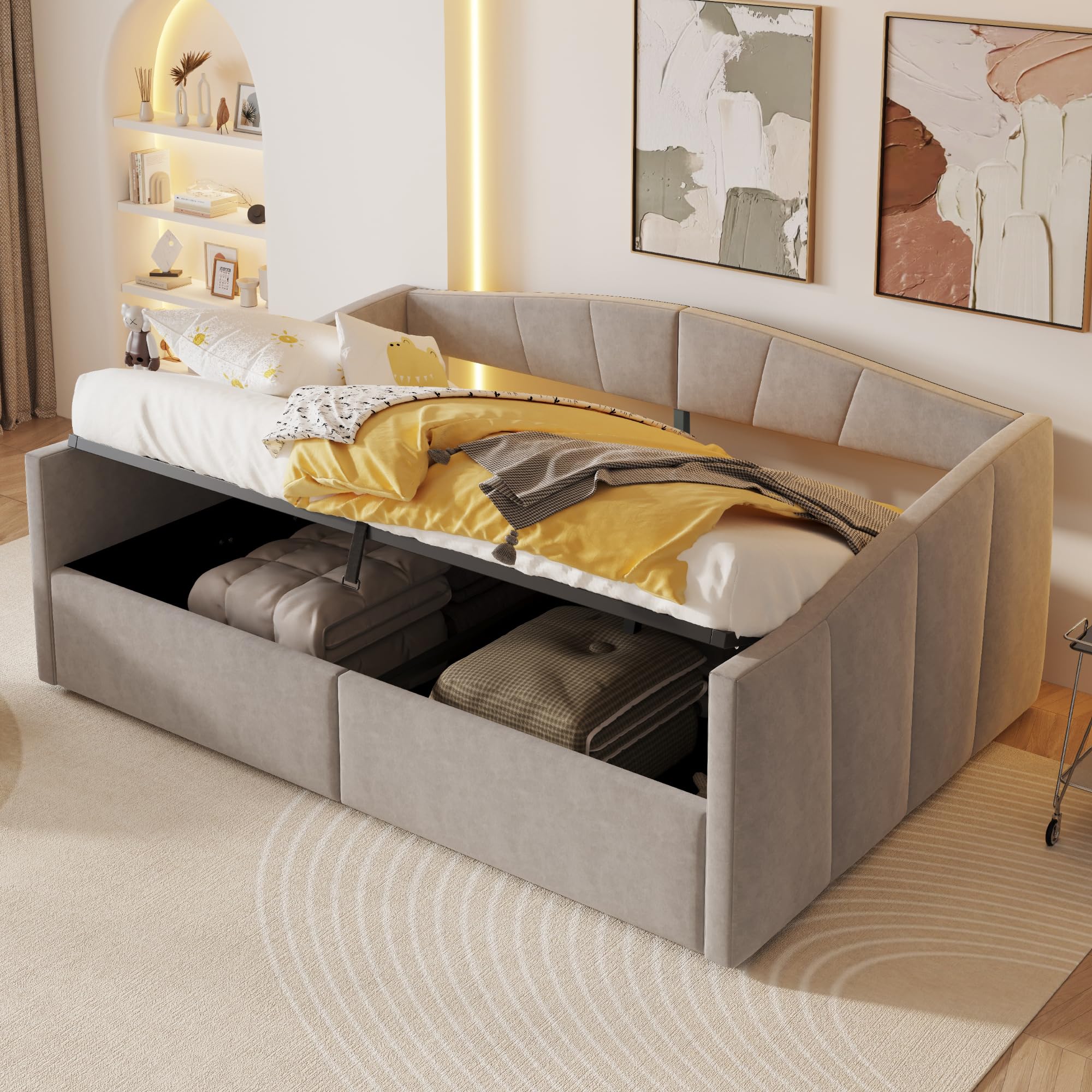 Tagesbett Schlafsofa 140x200 cm, Polsterbett mit Hydraulischer Lagerung, Sofabett mit Lattenrost und Armlehnen, Klassisch Gestreift, Samtstoff, Ohne Matratze, Hellgrau