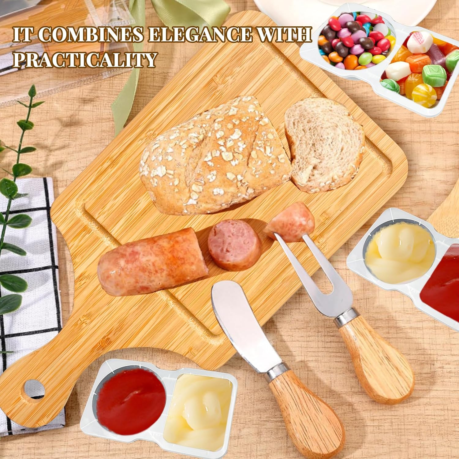 6 Sets Baby Shower Prizes for Game Winners, Bamboo Cheese Board Spoon Fork Butter Spreaders Plaid Towel Thank You Card and Gift Bags for Baby Shower Wedding Bridal Shower Favors for Guests(LONG)