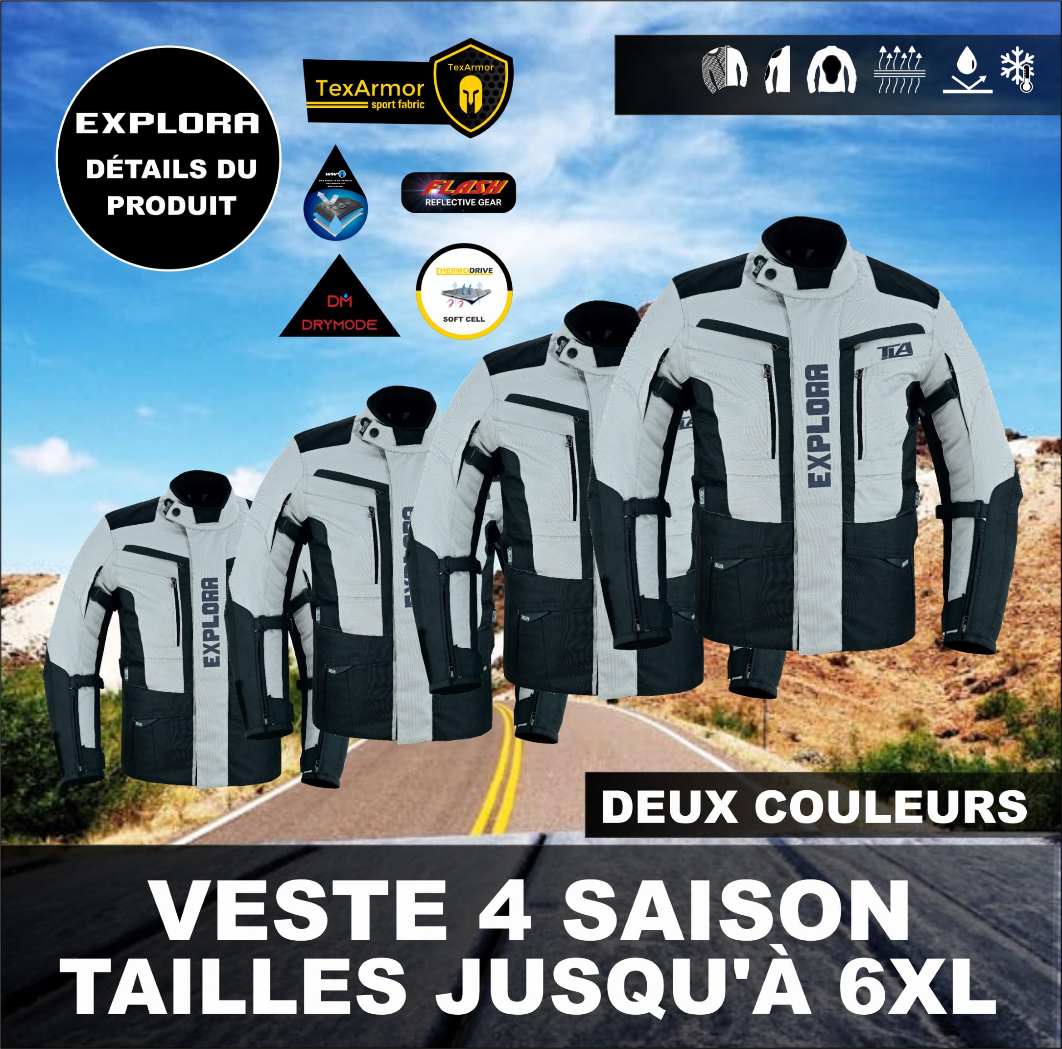 TLA EXPLORA Chaqueta de Moto con Protecciones de 2 Capas, para Las 4 Estaciones | forro desmontable, transpirable, tallas hasta la 7XL, unisex para hombre y mujer, para enduro, quad, ATV y moto de nieve.