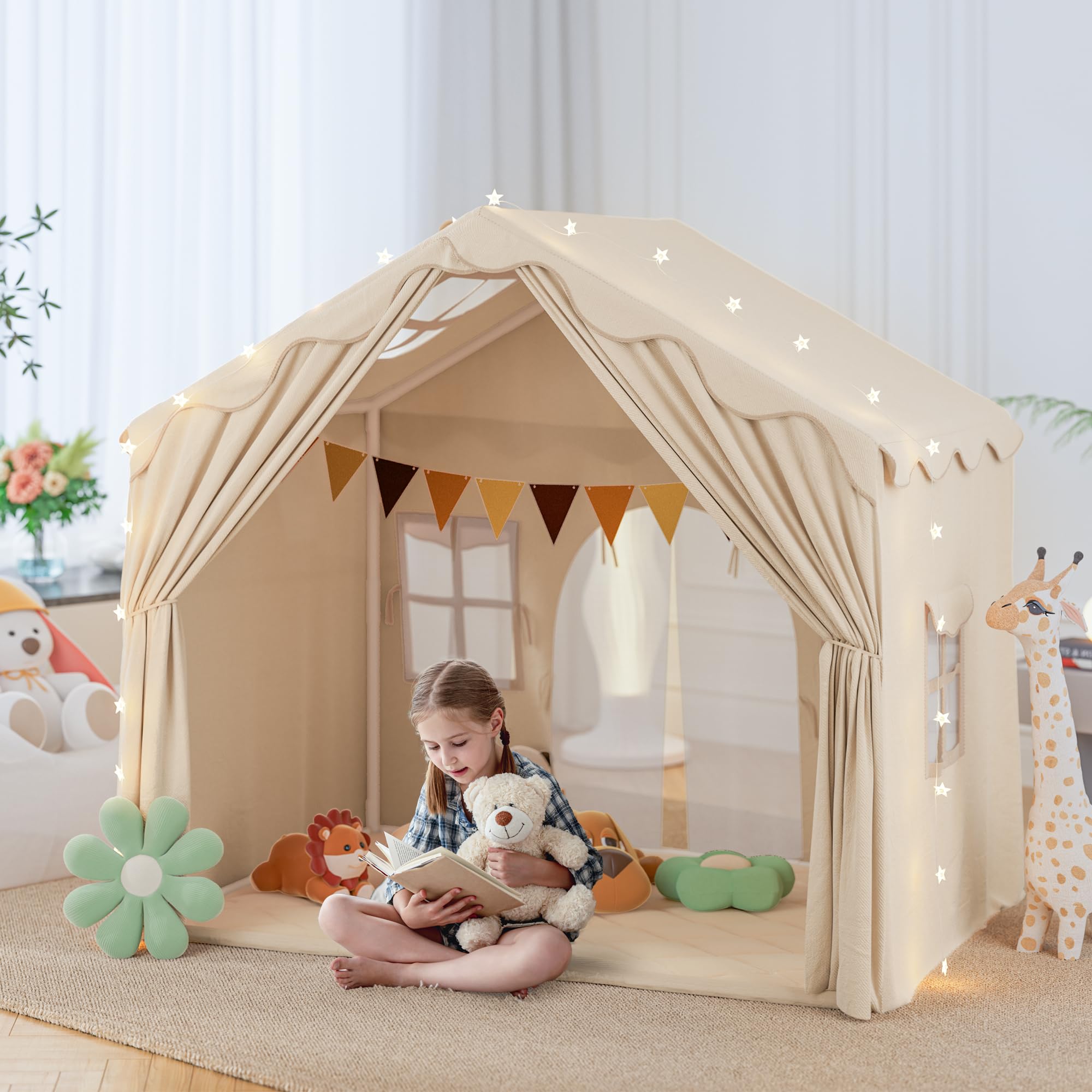 2 in 1 Tenda per Bambini besrey, Tenda Casetta da Gioco con 2 Porte e 4 Finestre, Tenda da Gioco per Bambini Interni ed Esterni con Tappetino Imbottito
