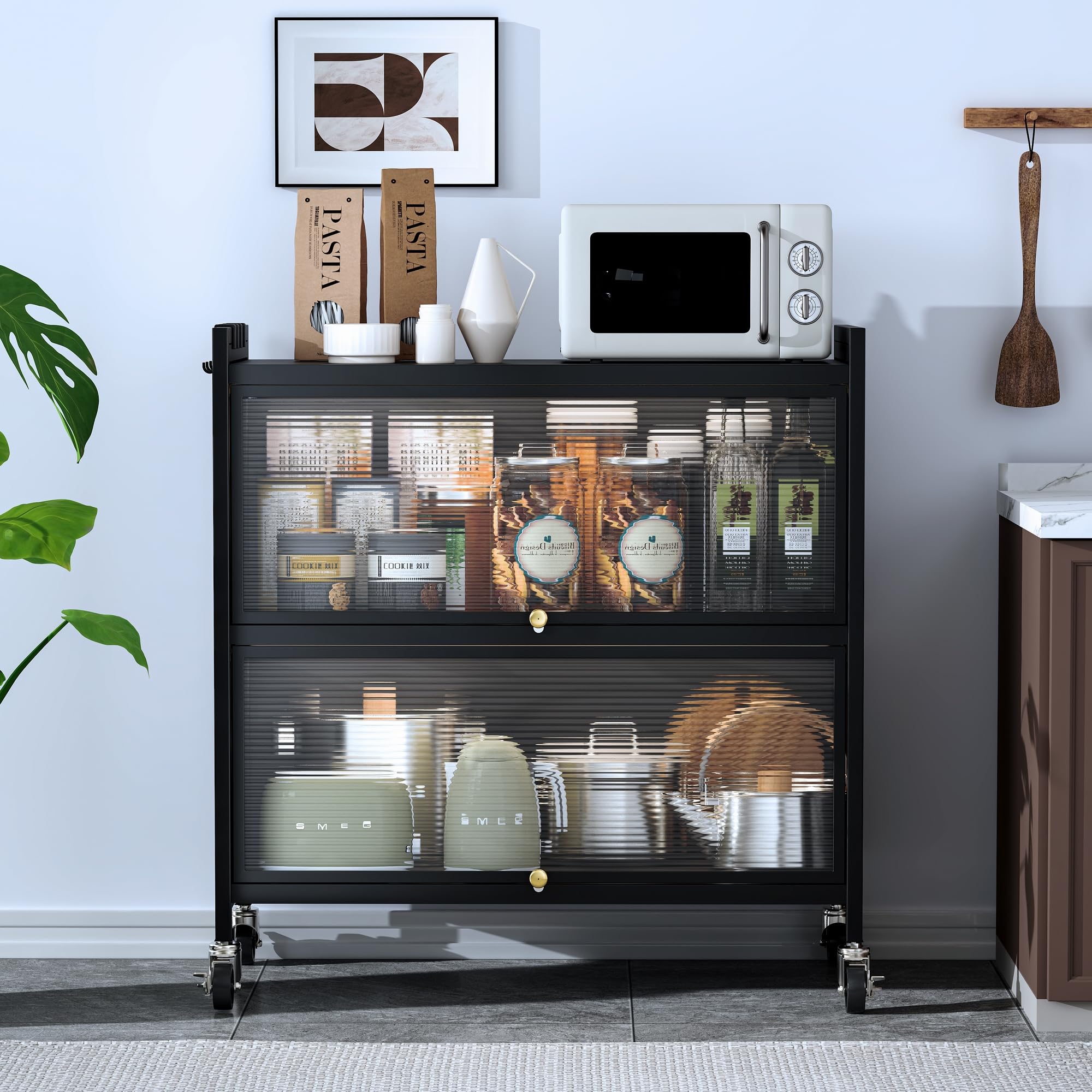 BELIJA 3 Tier Pantry Storage Kitchen Baker's Rack Flip Doors & Rolling Wheels, Kitchen