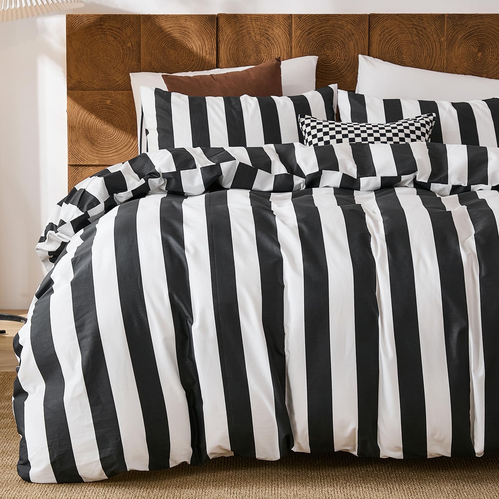 Herside Black White Striped Duvet Cover Set Double Size - 100% Cotton Duvet Cover Set with Zipper Closure & 8 Corner Ties, 3-Piece Luxury Linen Like Bedding Set for All Seasons