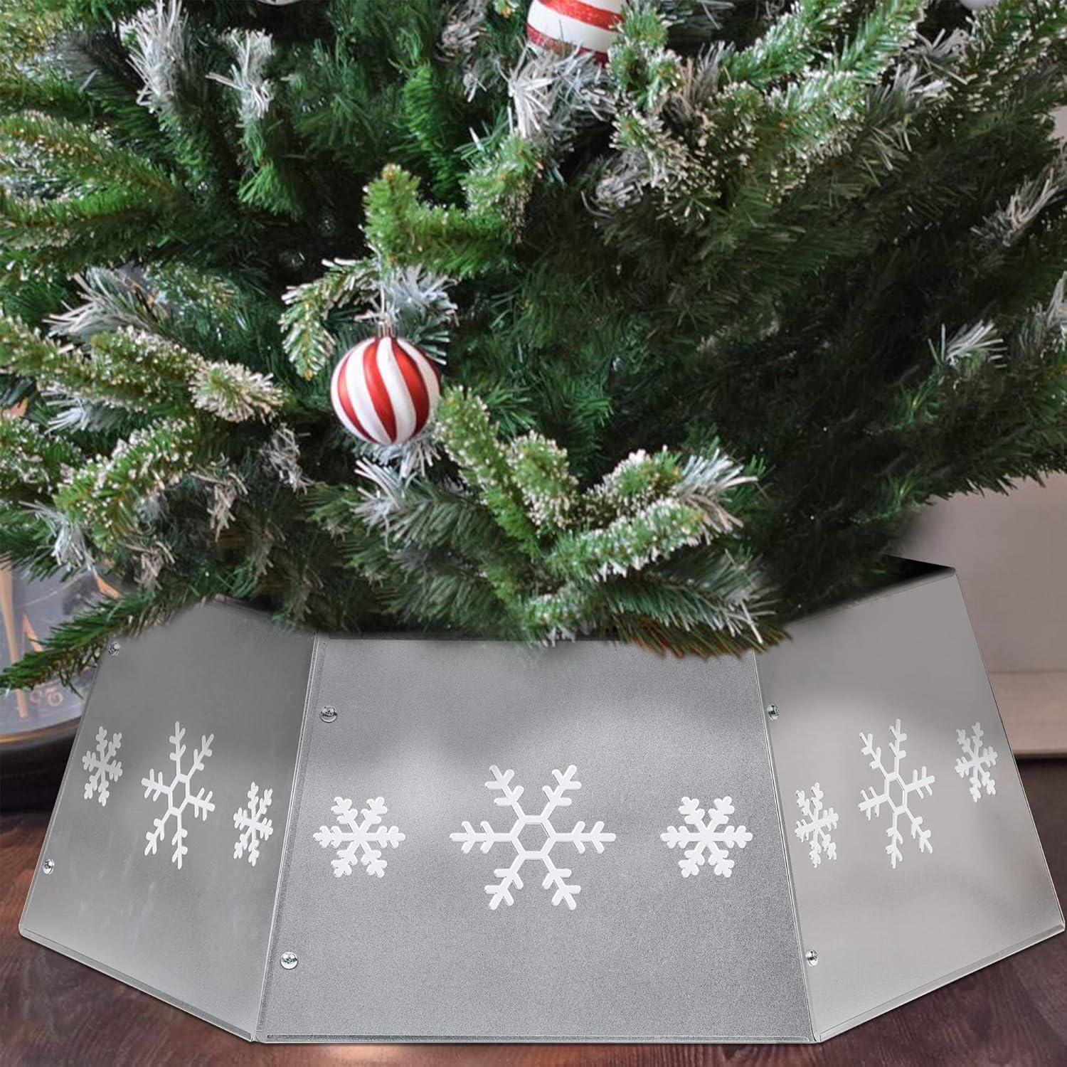 FORUP Metal Christmas Tree Ring with Printed Snowflake, Tree Skirt Base Stand for Tree Decorations (Silver)