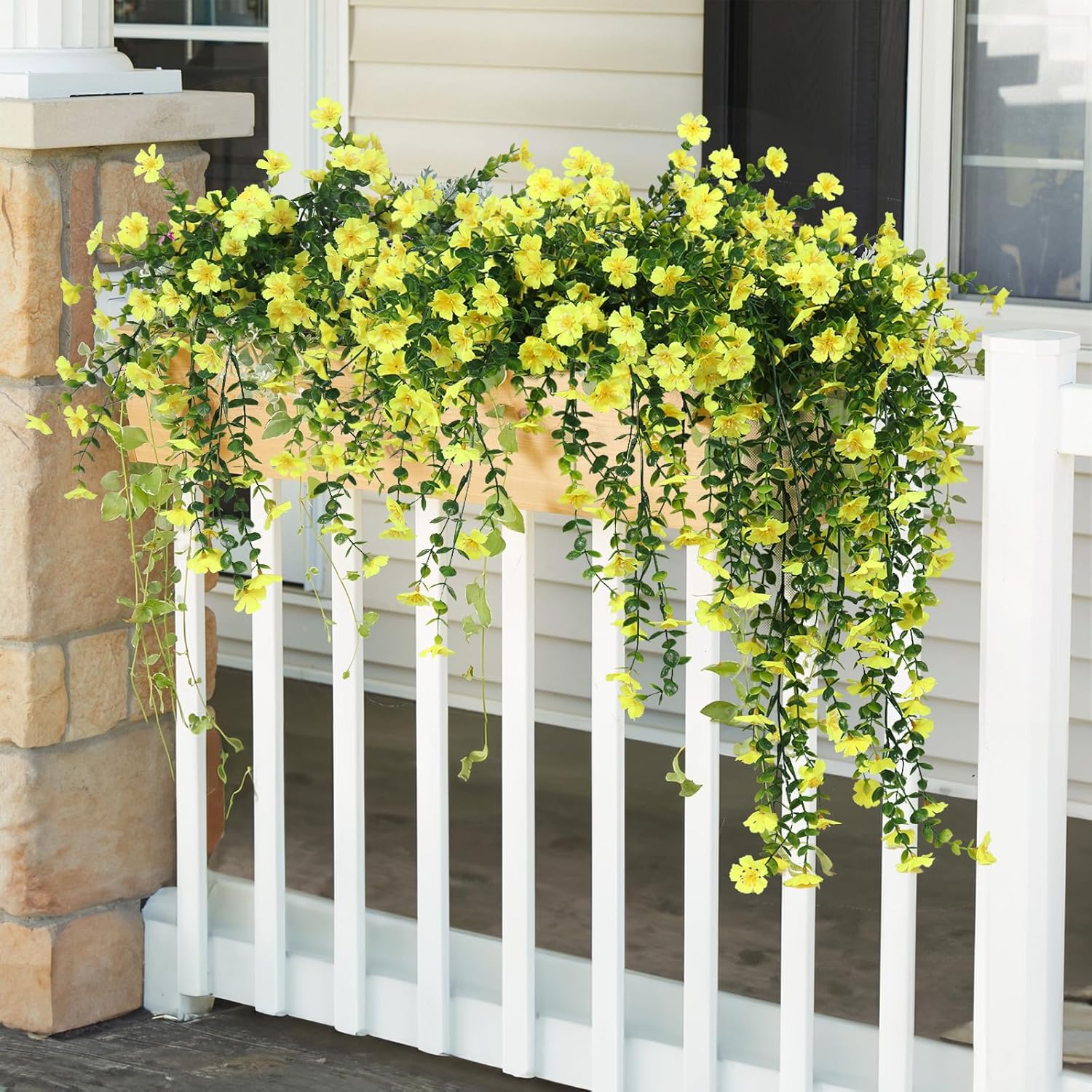 RECUTMS Artificial Hanging Flowers for Outdoors 4 Pcs Fake Mums Plant Decor Realistic Real Touch Silk Flower UV Resistant Trailing Vine Look Real for Yard Porch Patio Garden Balcony (Yellow)