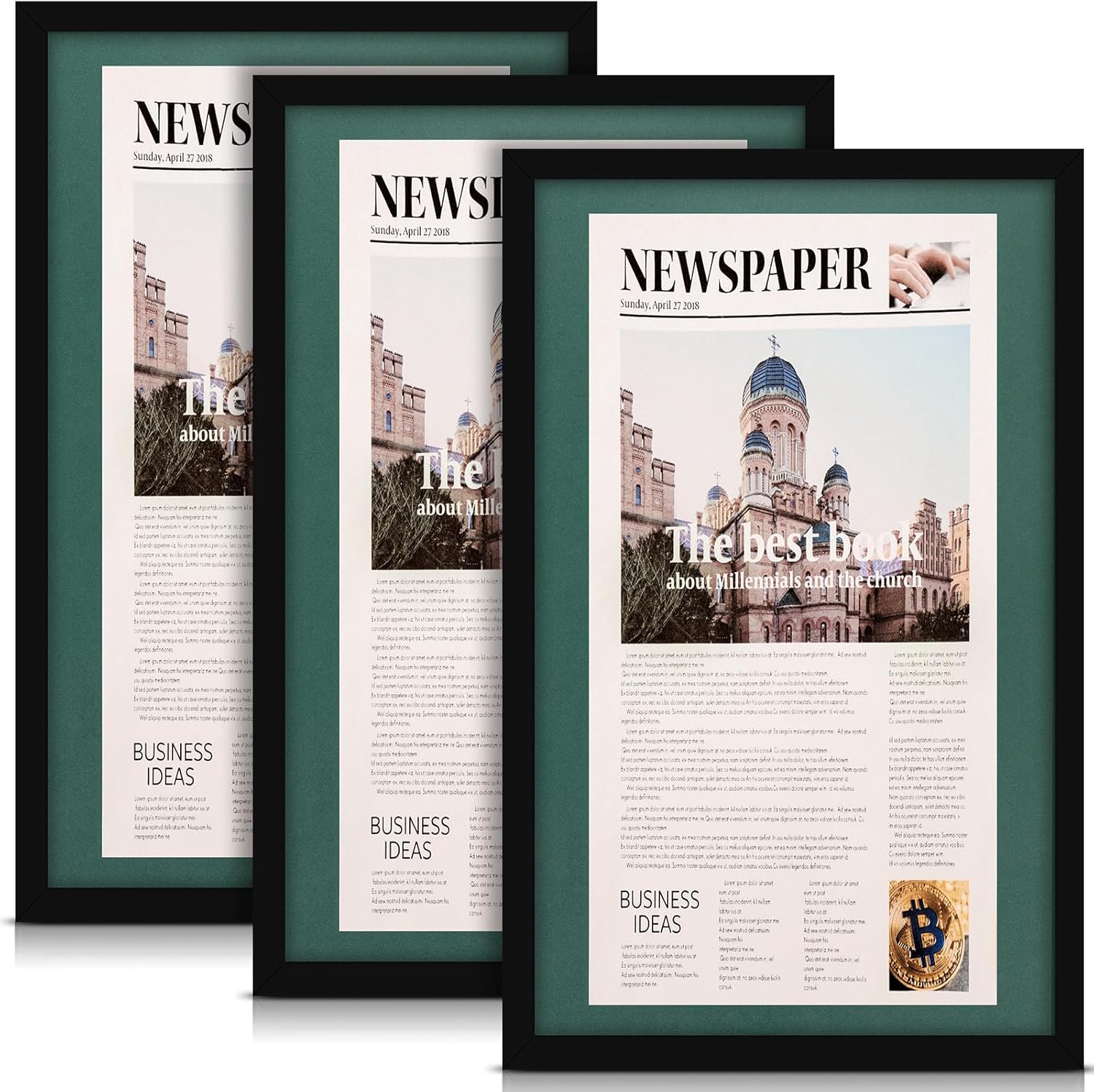 3 Pcs 11x22 in Newspaper Frame with Mat Assorted Media Article Cover Frame with Hanging Hardware 14x24 in Newspaper Display Poster Frame for Wall Decoration (Dark Green Mat) Dark Green Mat 3