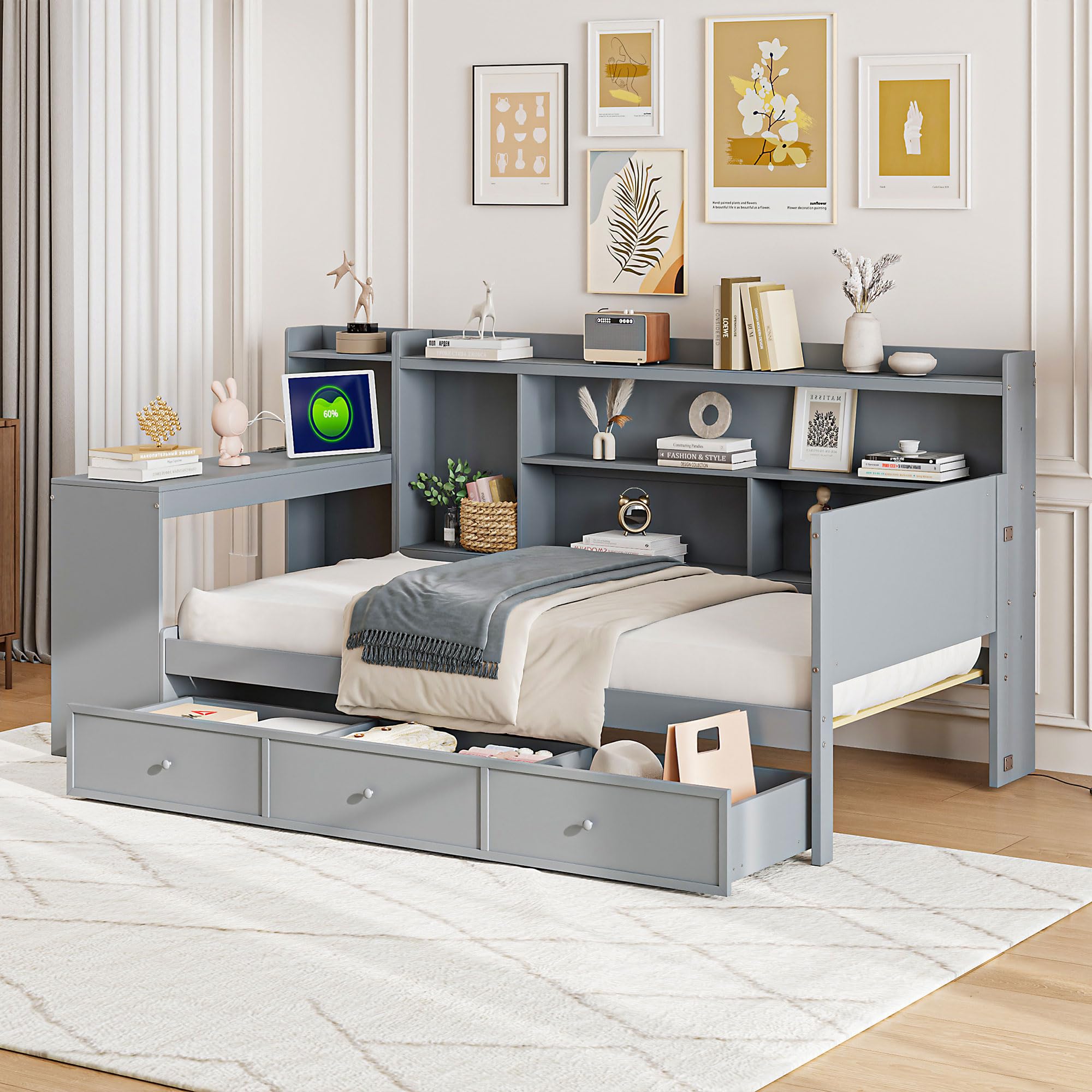 (similar)Twin Size Wooden Daybed With 3 Drawers, USB Ports and desk, Multifunctional Daybed with Storage forKids Girls Boys, Daybed Frame with Storage Shelf for Bedroom, Living Room, Guest Room (Gray, Twin)