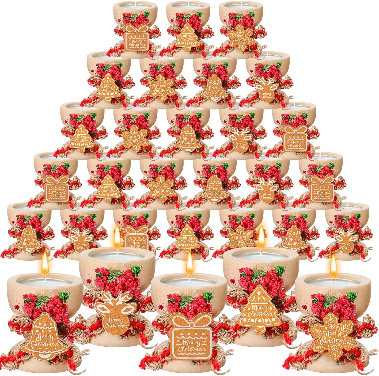 25 Pack Christmas Candles Gift Set Rustic Merry Christmas Candle Jar Bulk Farmhouse Tealights with Natural Wood Holder Xmas Table Fireplace Decor Appreciation Gift for Women Coworkers Friends Teacher