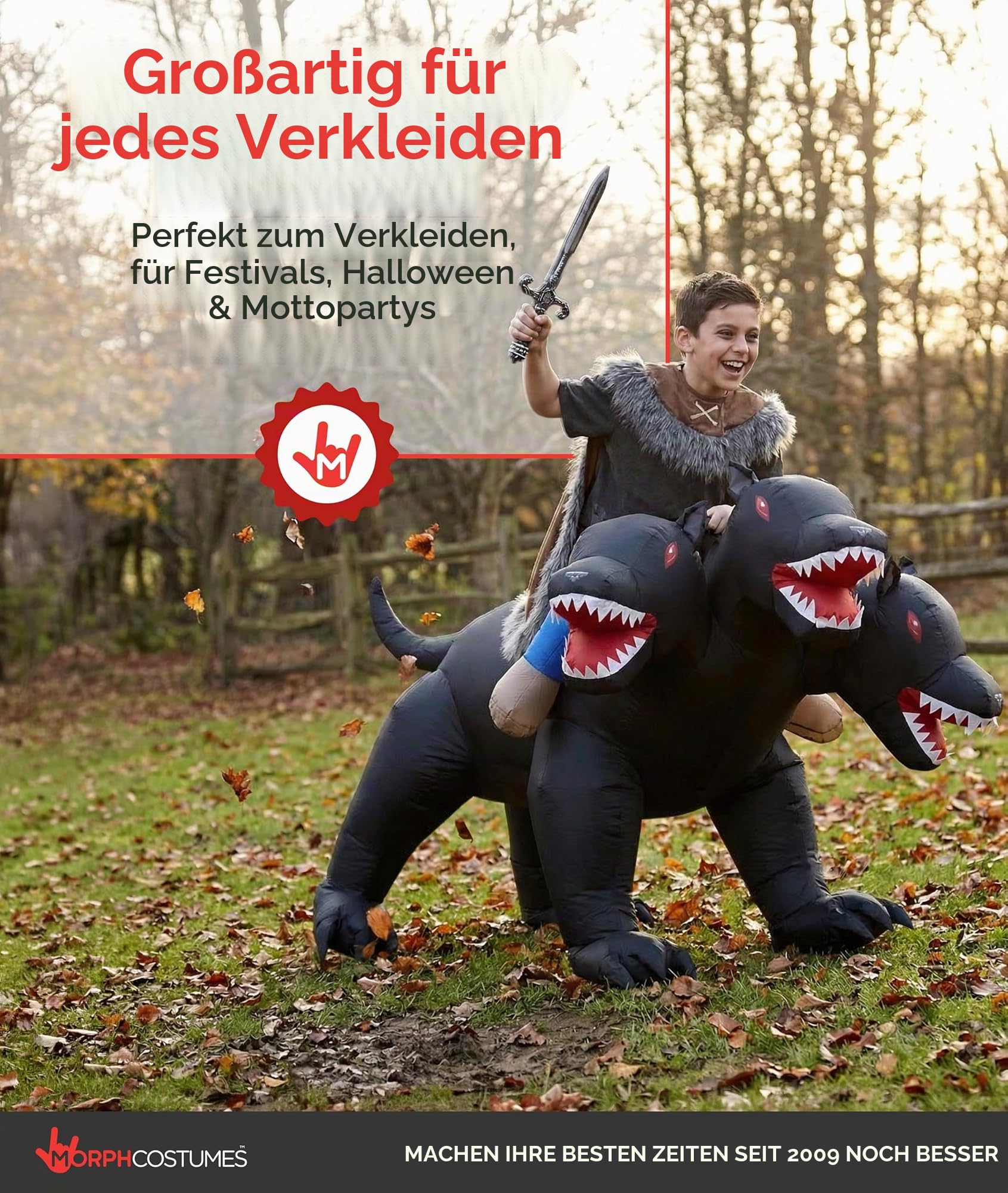 Morph Aufblasbares Huckepack Kostüm Kinder, Halloween Kostüm Kinder | Aufblasanzug mit Ventilator, Schwarzes Höllenhund-Design, Bläst in 60 Sekunden auf, Perfekt für Halloween, Immer ein Hit