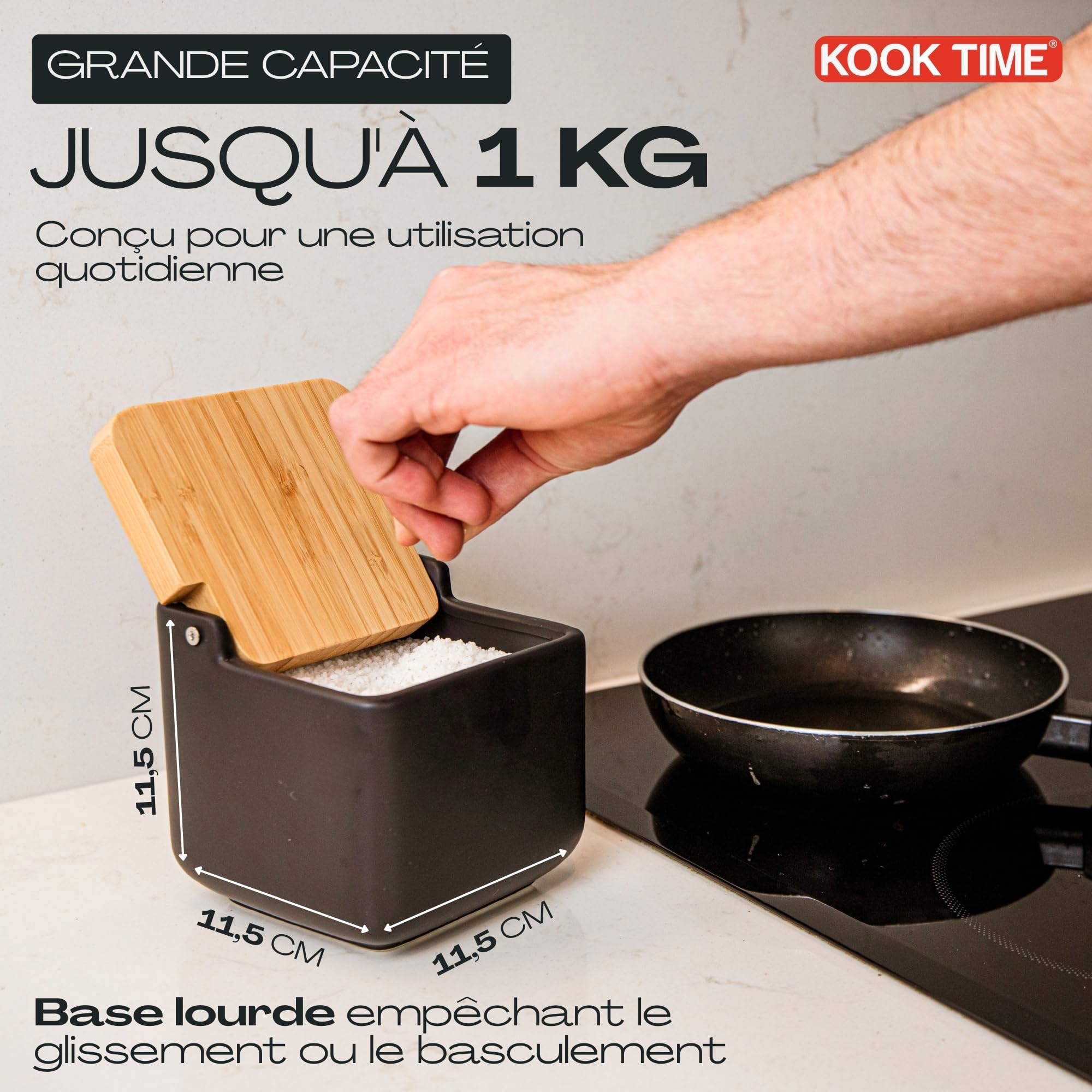 Pot a sel cuisine | Boîte à sel en céramique avec couvercle en bambou, parfaite pour sel gros et sel fin | Céramique Colour: Noir |11.5 x 11.5 x 11.5 cm.