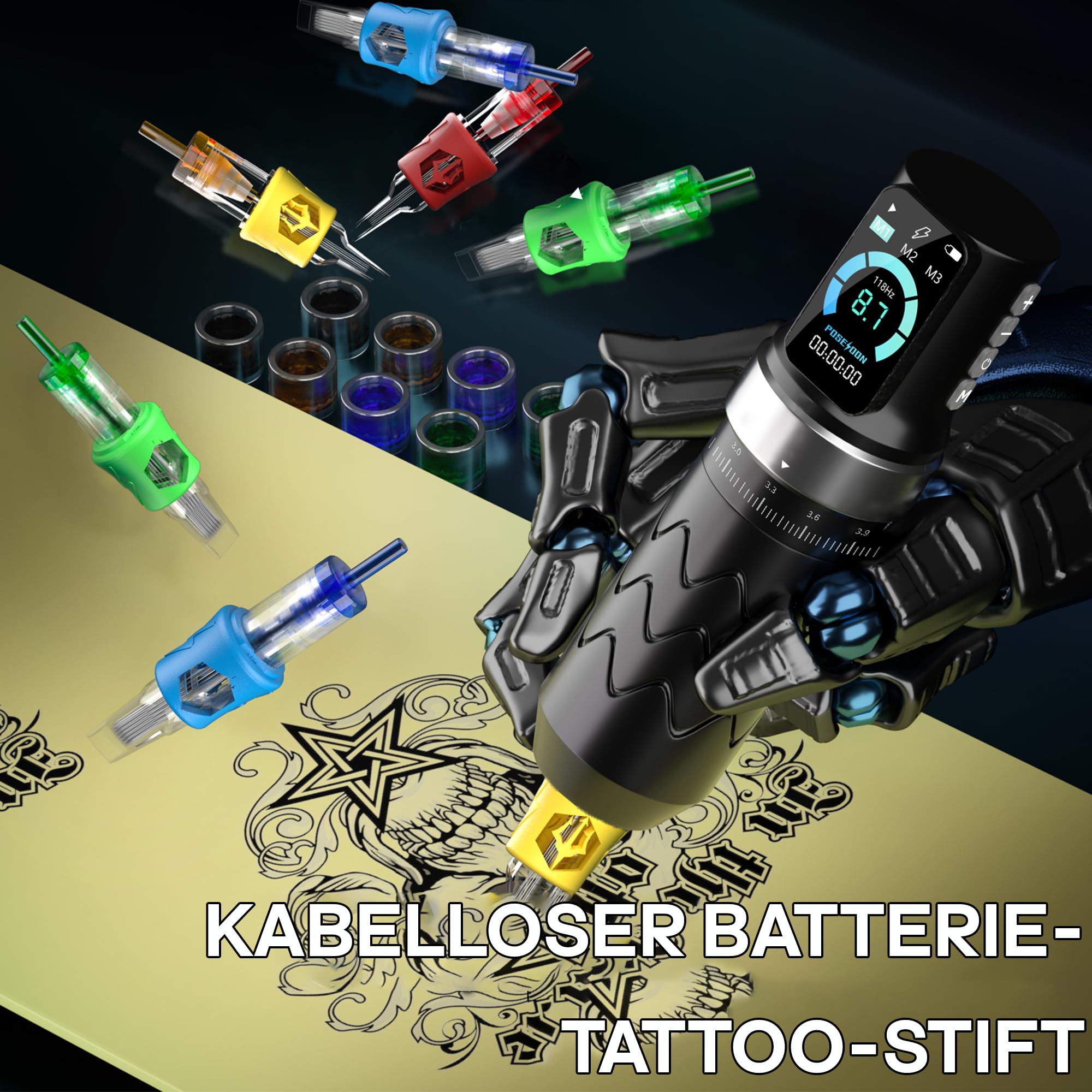 POSEIDON Kit machine à tatouer sans fil avec 7 réglages de course, deux batteries de 2300 mAh, mode normal/pointillé et écran LED – Appareil de tatouage professionnel sans fil pour débutants (HM145)