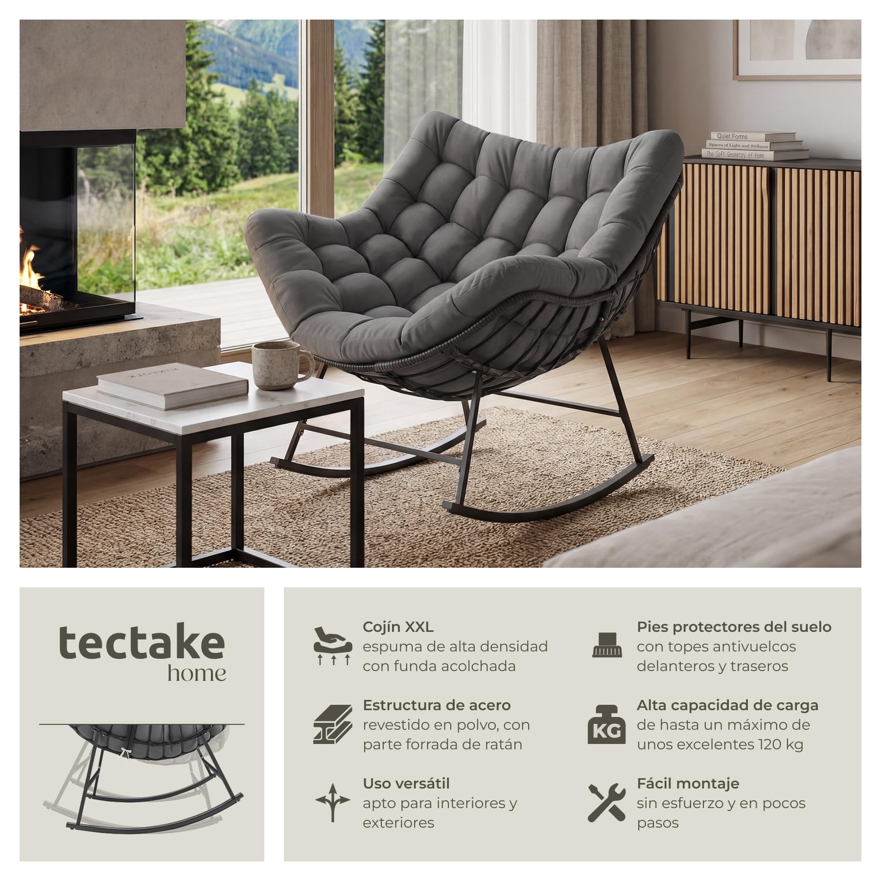 tectake® Silla Mecedora, Cojín Lavable Grueso, Sillon Lectura, 99,5 x 93 x 89 cm, Carga 120 kg, Butaca Salon, Interior Exterior, Sillon Lactancia, Sillones Dormitorio, Butaca Dormitorio - Antracita