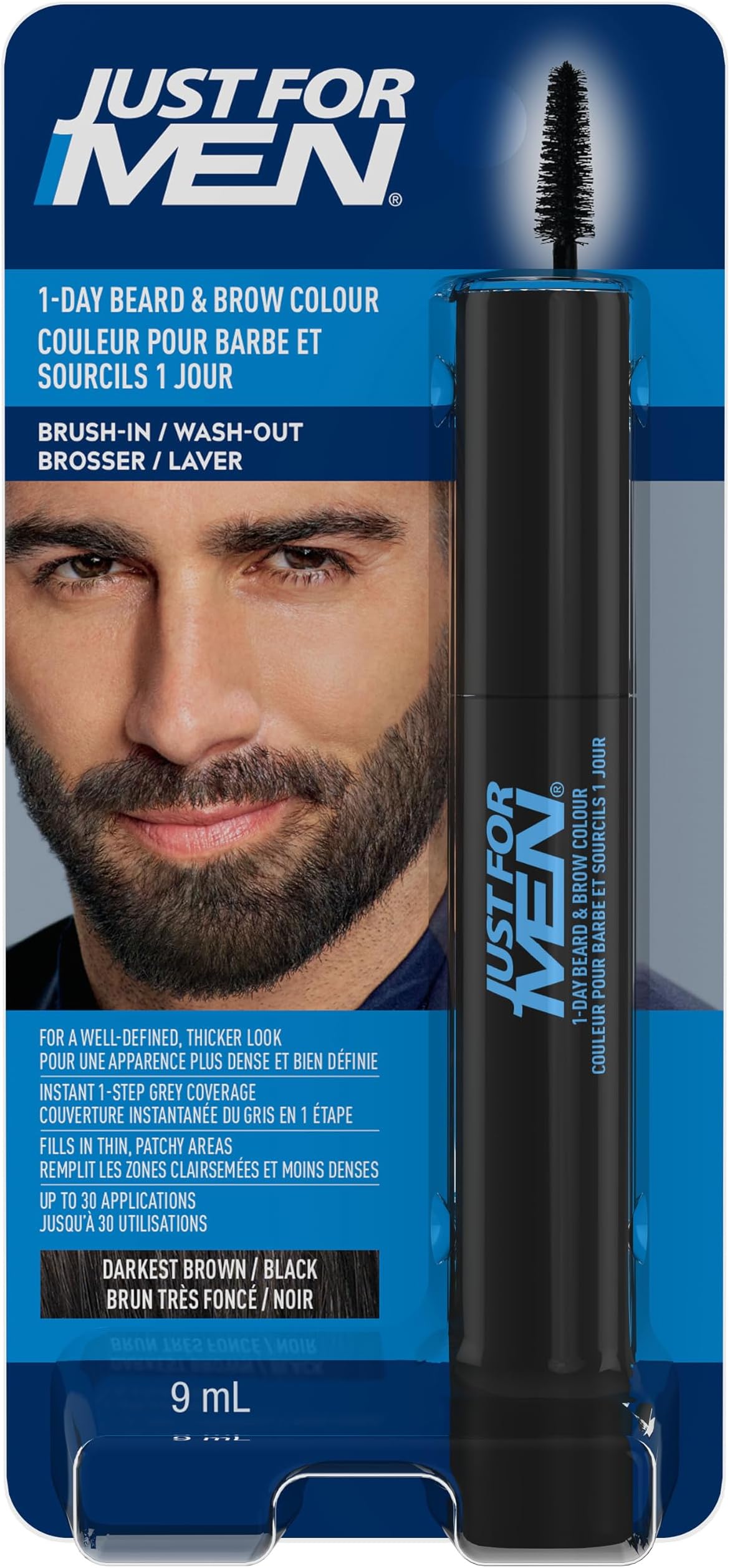 Just for Men 1-Day Beard & Brow Color, Temporary Color for Beard and Eyebrows, For a Fuller, Well-Defined Look, Up to 30 Applications, Darkest Brown/Black