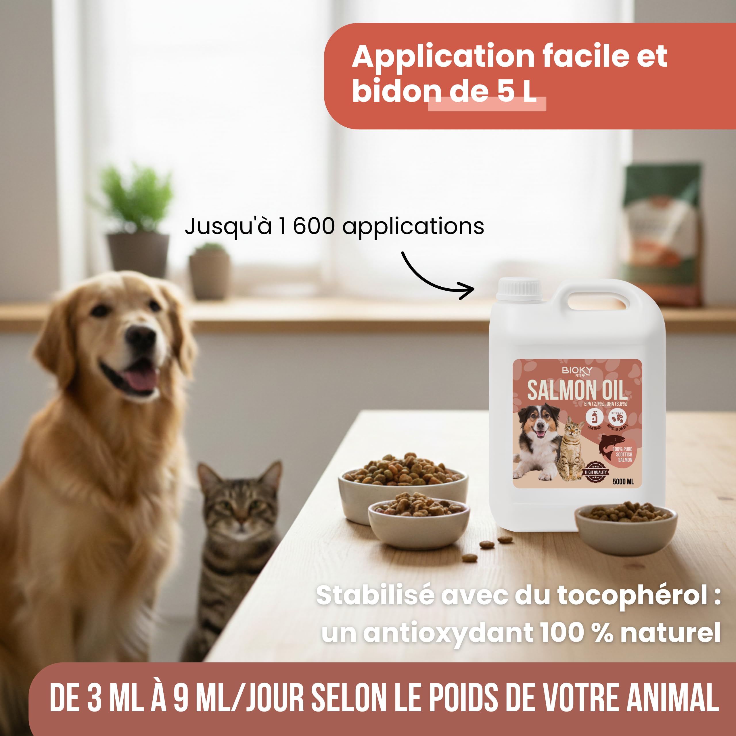 Huile de Saumon : Chiens et Chats 5 L – Source d'Oméga 3 et 6 – EPA et DHA – Complément Alimentaire Haut de Gamme à Base d'Acides Gras et de Vitamine E – Origine : Écosse