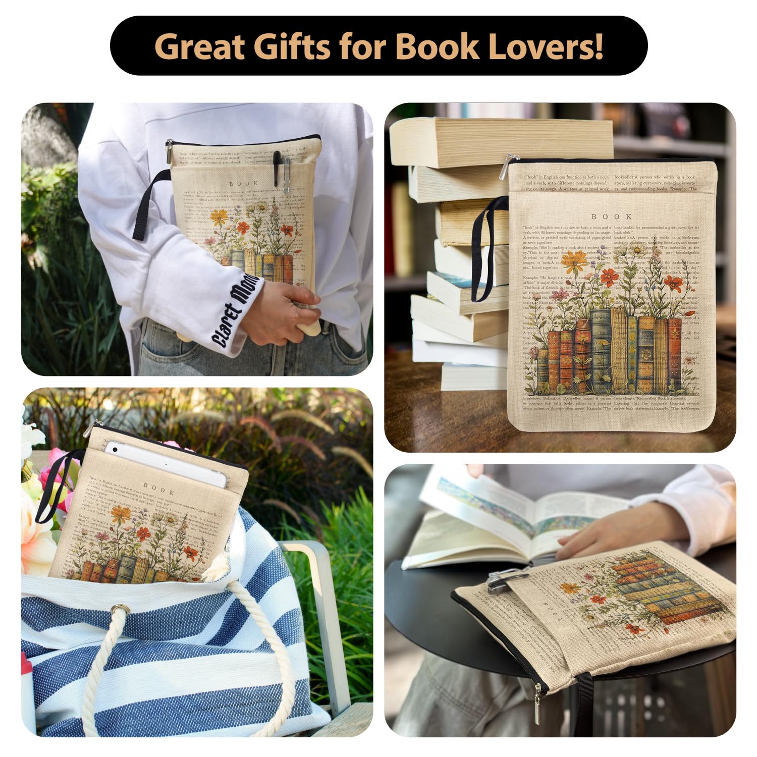 Bookish Flower Blossoms etui na książki, prezenty dla miłośników książek, okładki książek ochraniacz na okładki w miękkiej okładce z uchwytem dla czytelnika mól książkowy, prezenty do klubu książki na