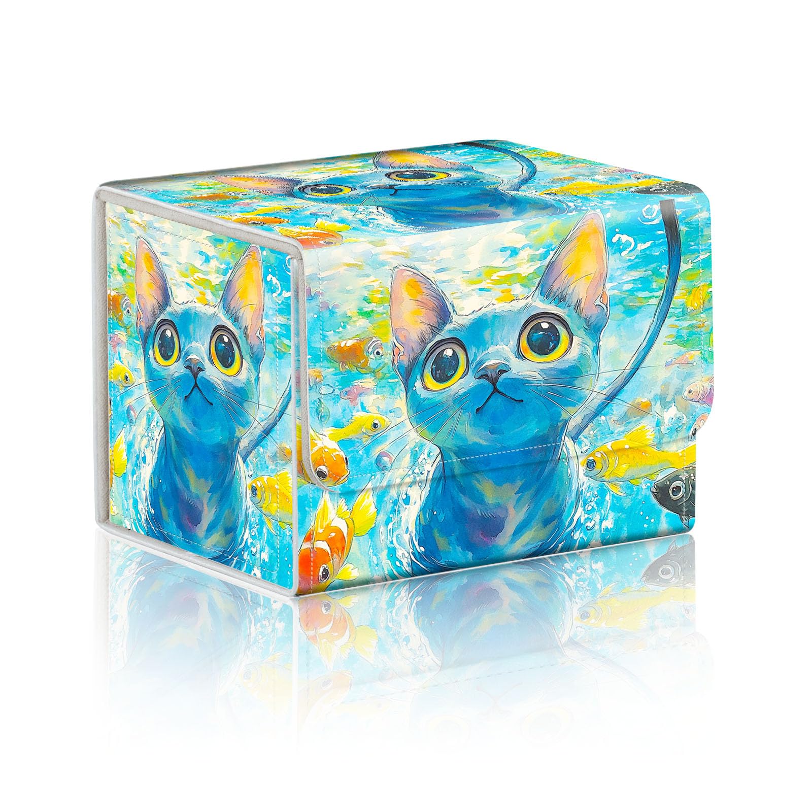 DISUOFEART Trading Card Storage Box, Holds 100+ for MTG Cards, Premium PU Leather with Magnetic Closure, Blue Cat in Fish Pond Durable Deck Box for Magic the Gathering, Trading Card Games