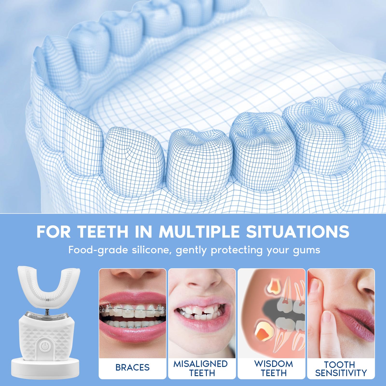 Cepillo De Dientes Ultrasónico Automático,En Forma De U,3 Niveles De Intensidad,Ipx7 Impermeable,45 S Temporizador,Cepillo De Dientes Eléctrico Ultrasónico 360° Para Adultos