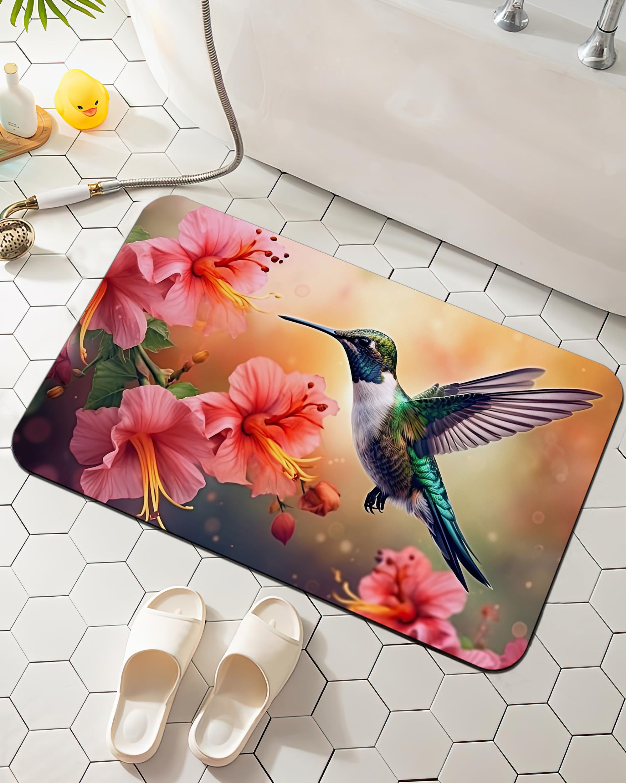 Hummingbird Flowers Bathroom Mat Quick Drying Non Slip Bath Mats Absorbent,Bath Mat Quick Dry Bathroom Rug in Front of The Kitchen Sink, Shower Room, Bathtub,17 * 29.5 Inches