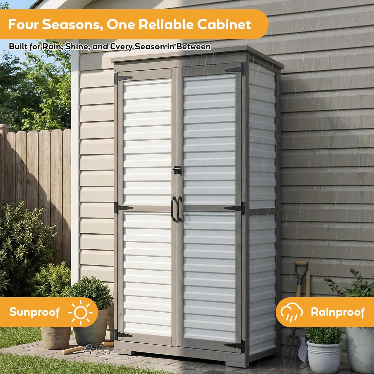 Outdoor Storage Cabinet with Shelves, Lockable Garden Shed, Wood & Plastic Weatherproof Outside Tool Cabinet for Patio, Backyard, Balcony White